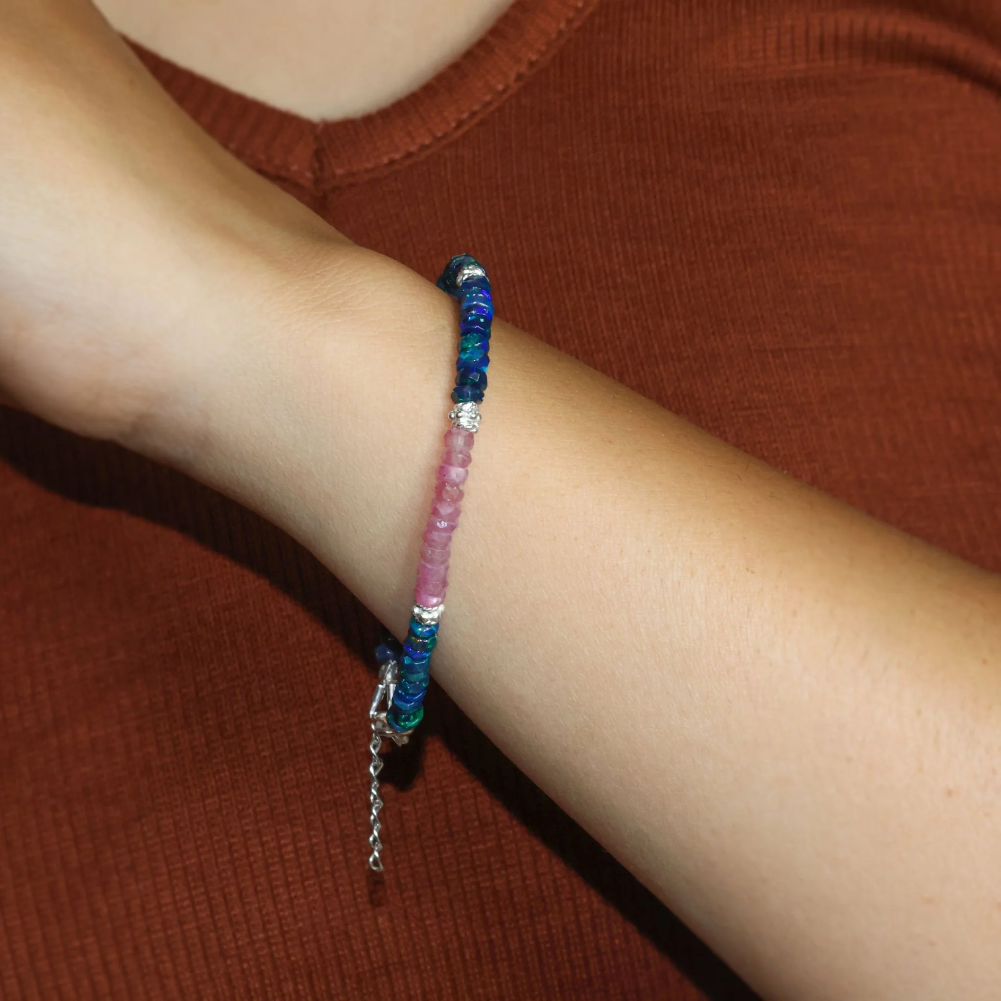Dual Stone Faceted Separator Natural Black Opal & Ruby Bracelet - Image 3