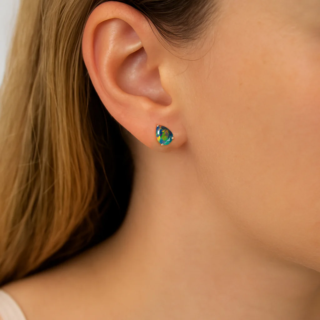 Elegant 7x5 mm Black Opal Pear Cut Stud Earrings in Sterling Silver - Image 11