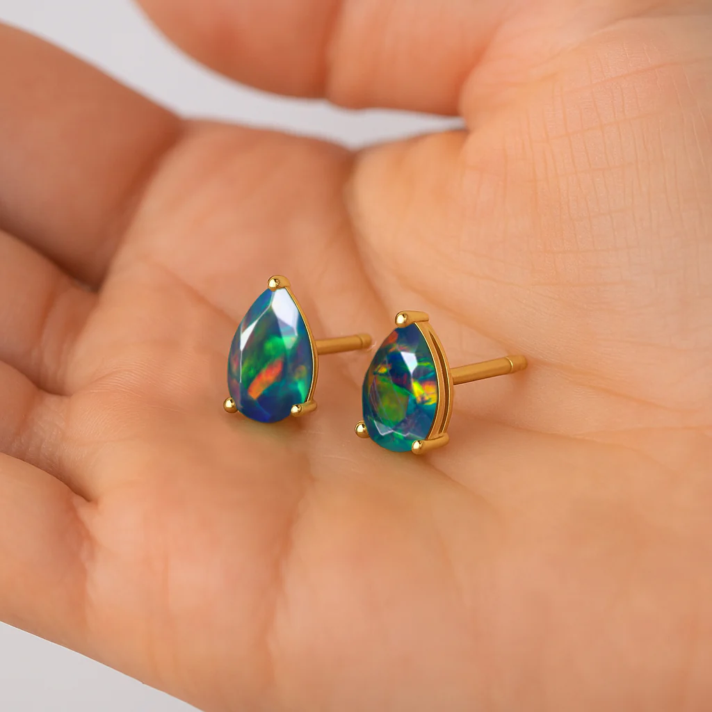 Elegant 7x5 mm Black Opal Pear Cut Stud Earrings in Sterling Silver - Image 12