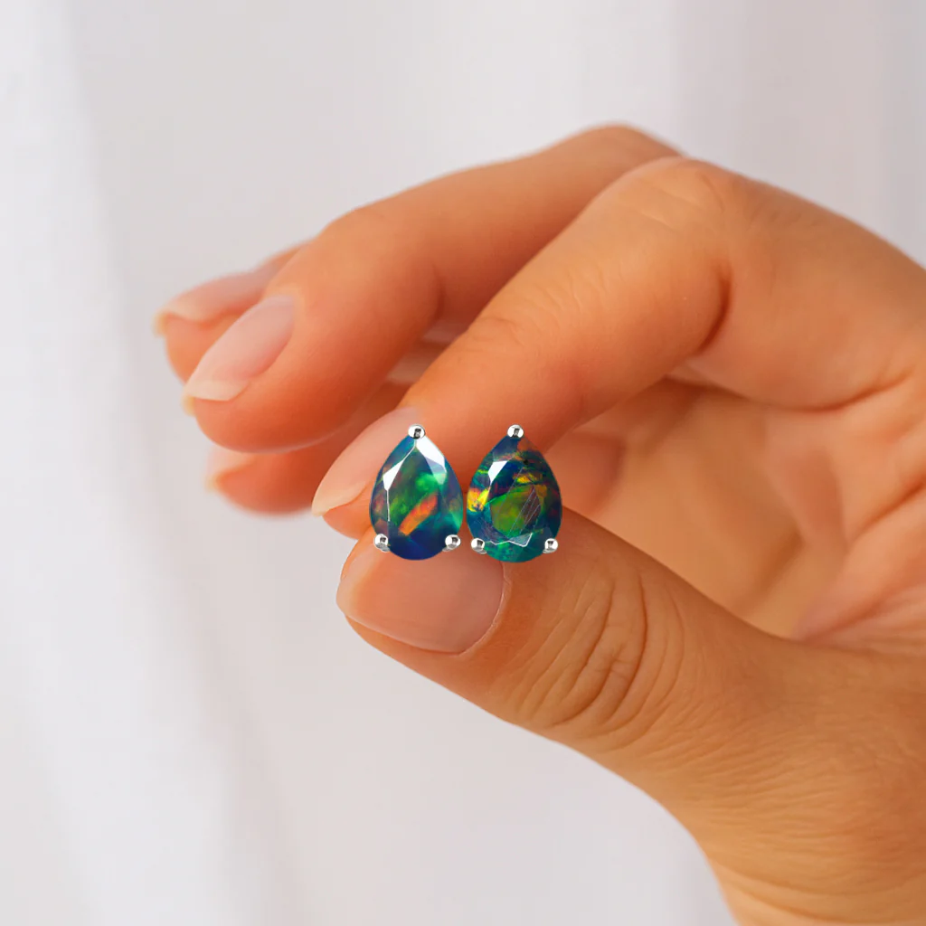 Elegant 7x5 mm Black Opal Pear Cut Stud Earrings in Sterling Silver - Image 4