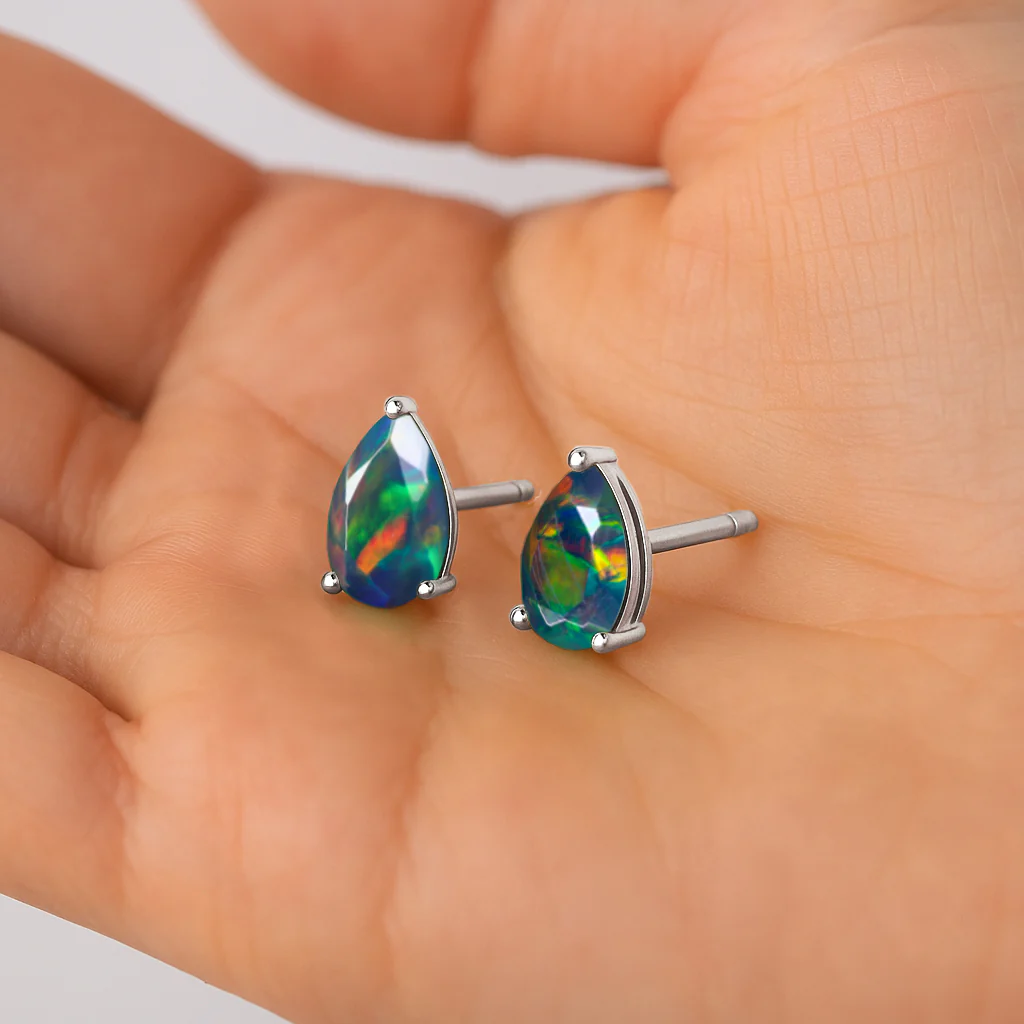 Elegant 7x5 mm Black Opal Pear Cut Stud Earrings in Sterling Silver - Image 5