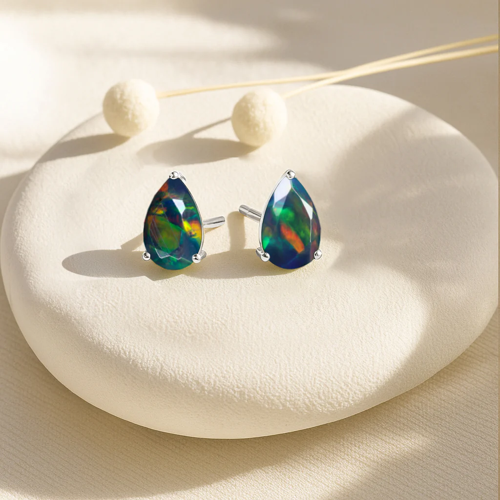 Elegant 7x5 mm Black Opal Pear Cut Stud Earrings in Sterling Silver - Image 7