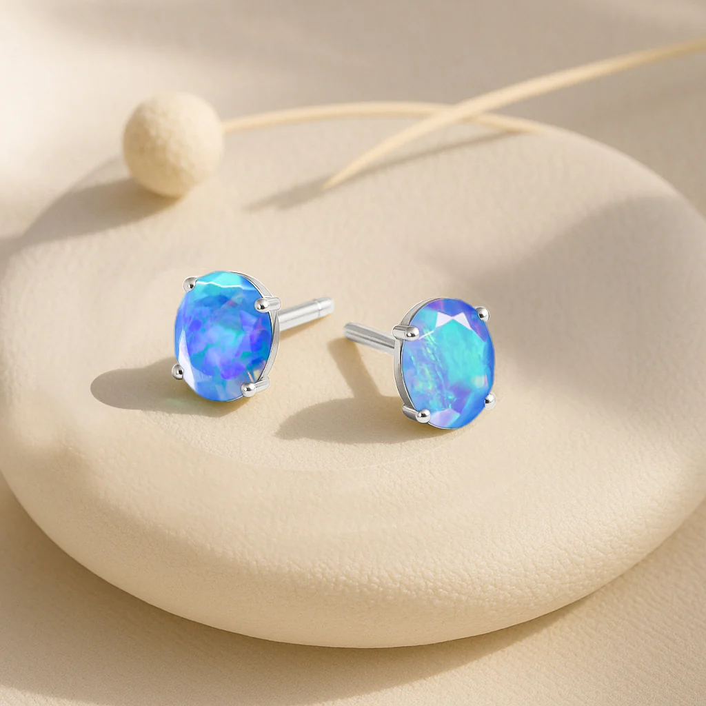 Elegant 7x5 mm Blue Opal Oval Stud Earrings | 925 Sterling Silver - Image 6