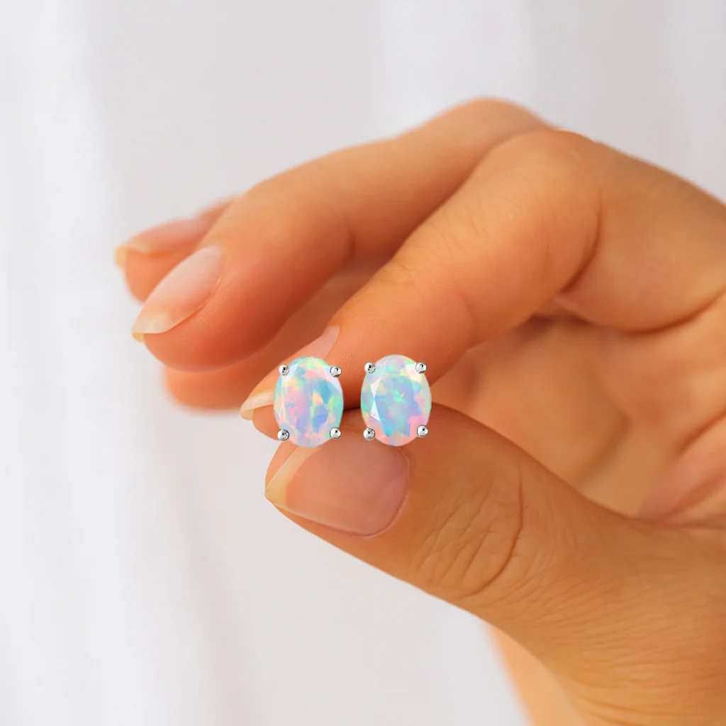 Elegant 7x5 mm White Opal Oval Stud Earrings | 925 Sterling Silver - Image 4