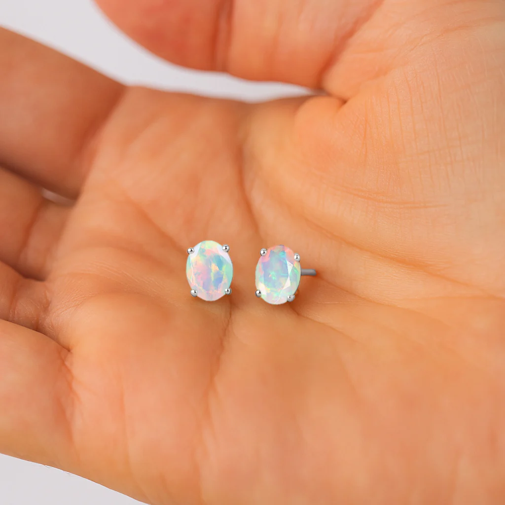 Elegant 7x5 mm White Opal Oval Stud Earrings | 925 Sterling Silver - Image 5
