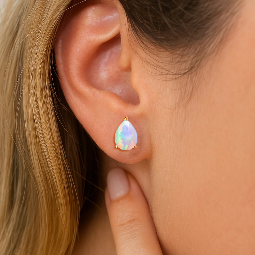 Elegant 7x5 mm White Opal Pear Cut Stud Earrings in Sterling Silver - Image 15