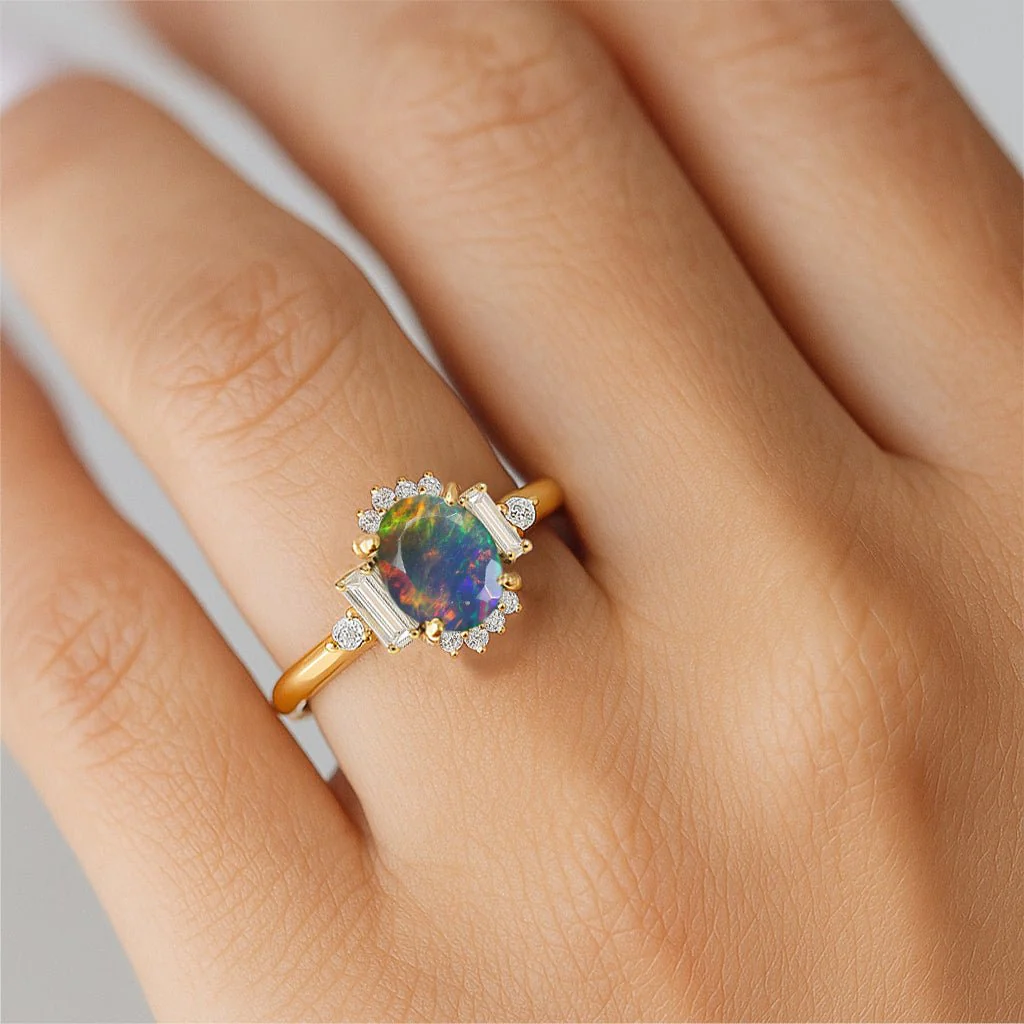 Elegant Black Opal Halo Wedding Ring - Image 3