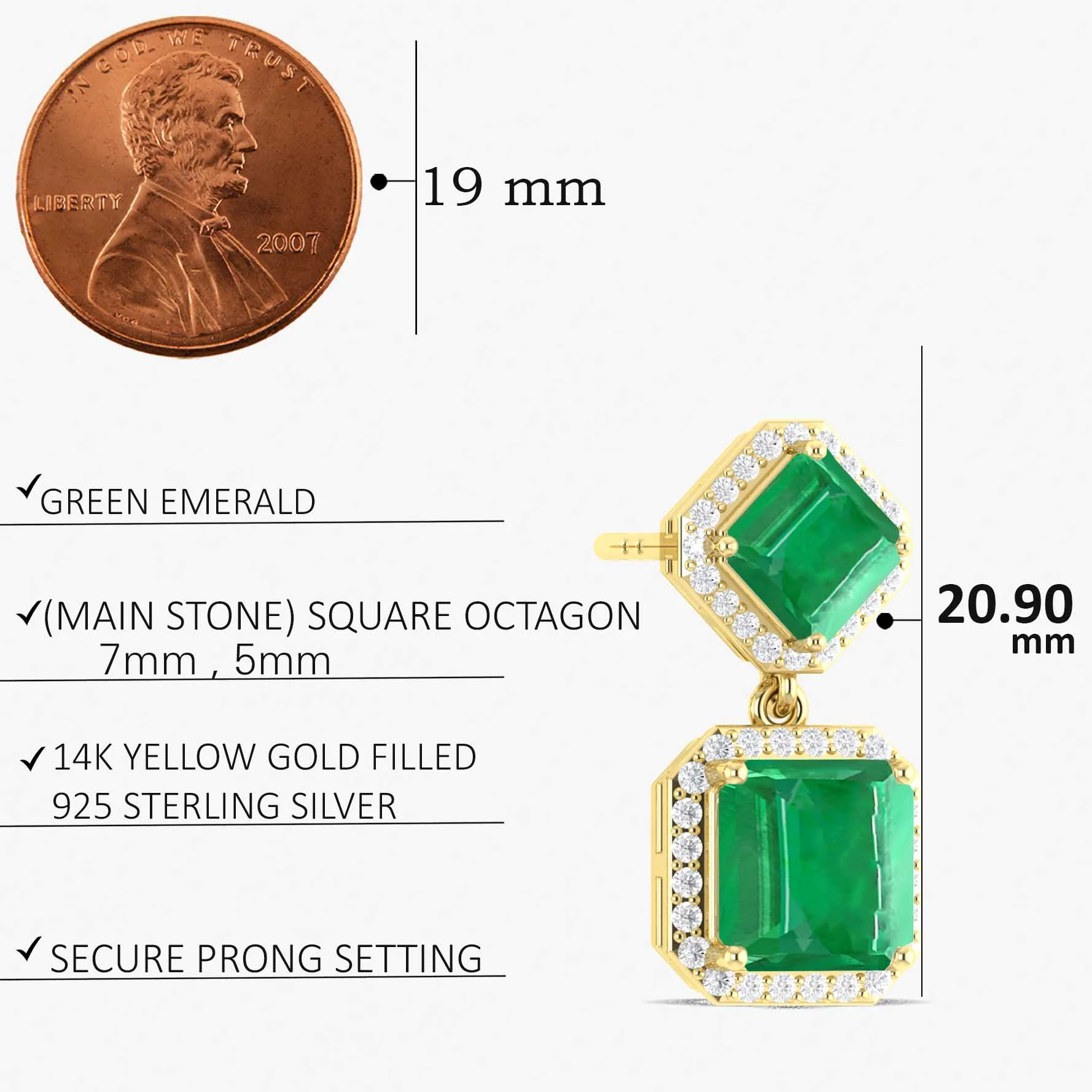 Emerald 7x5mm Octagon Halo Drop Earring in 925 Silver 4ct - Image 4