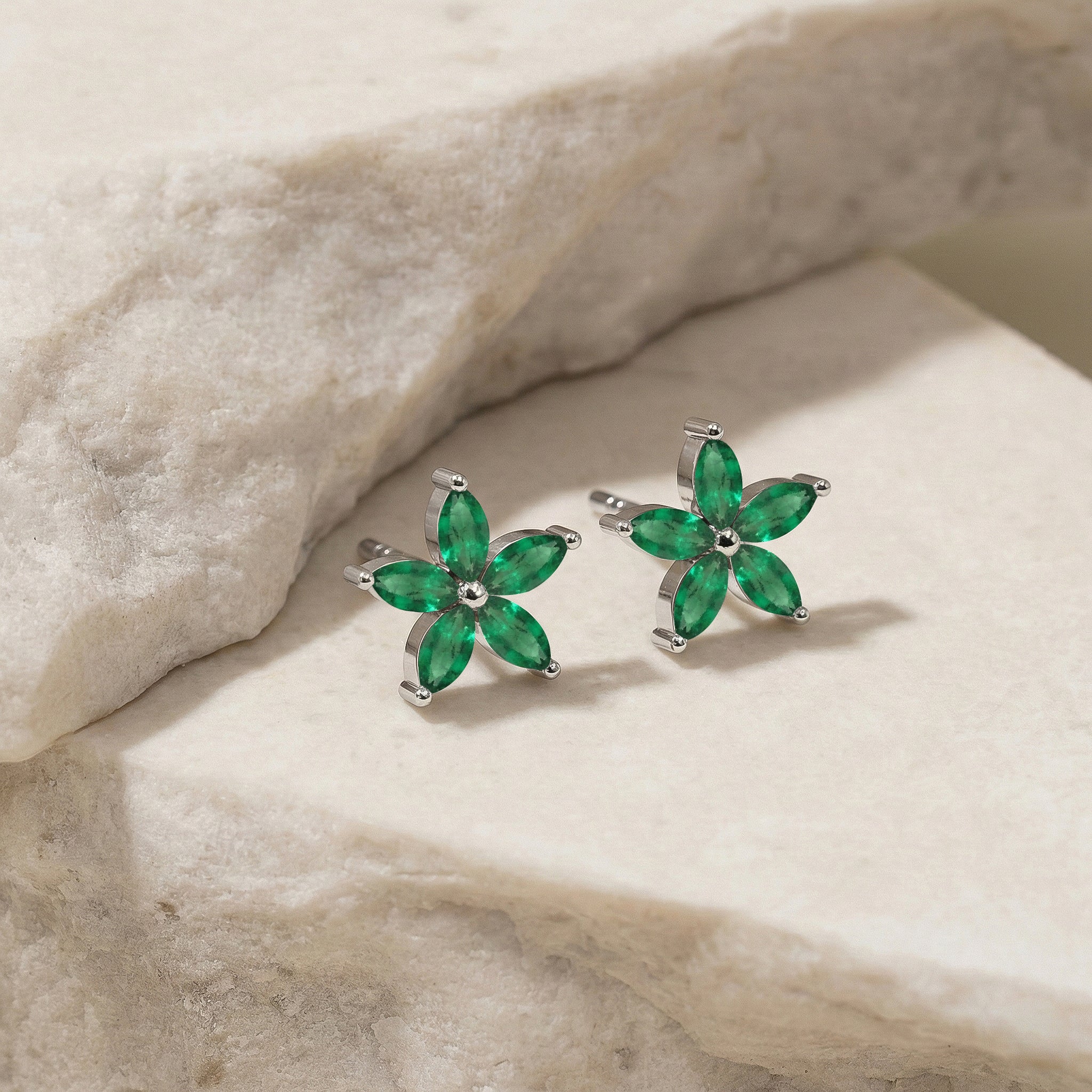 Emerald Flower and Marquis Shape Stud Earring in 925 Sterling Silver 4X2 MM 3ct. - Image 2