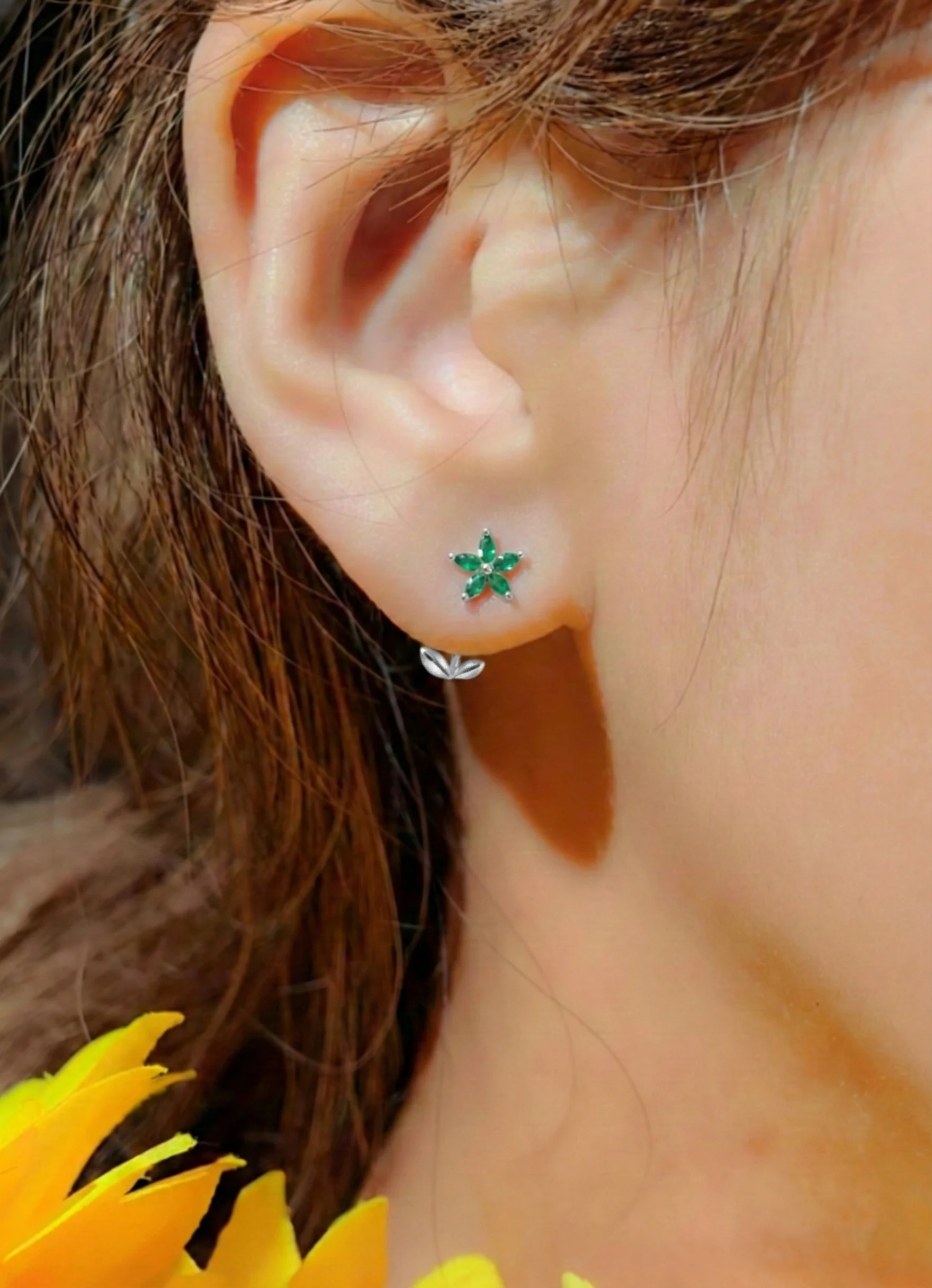 Emerald Flower and Marquis Shape Stud Earring in 925 Sterling Silver 4X2 MM 3ct. - Image 5