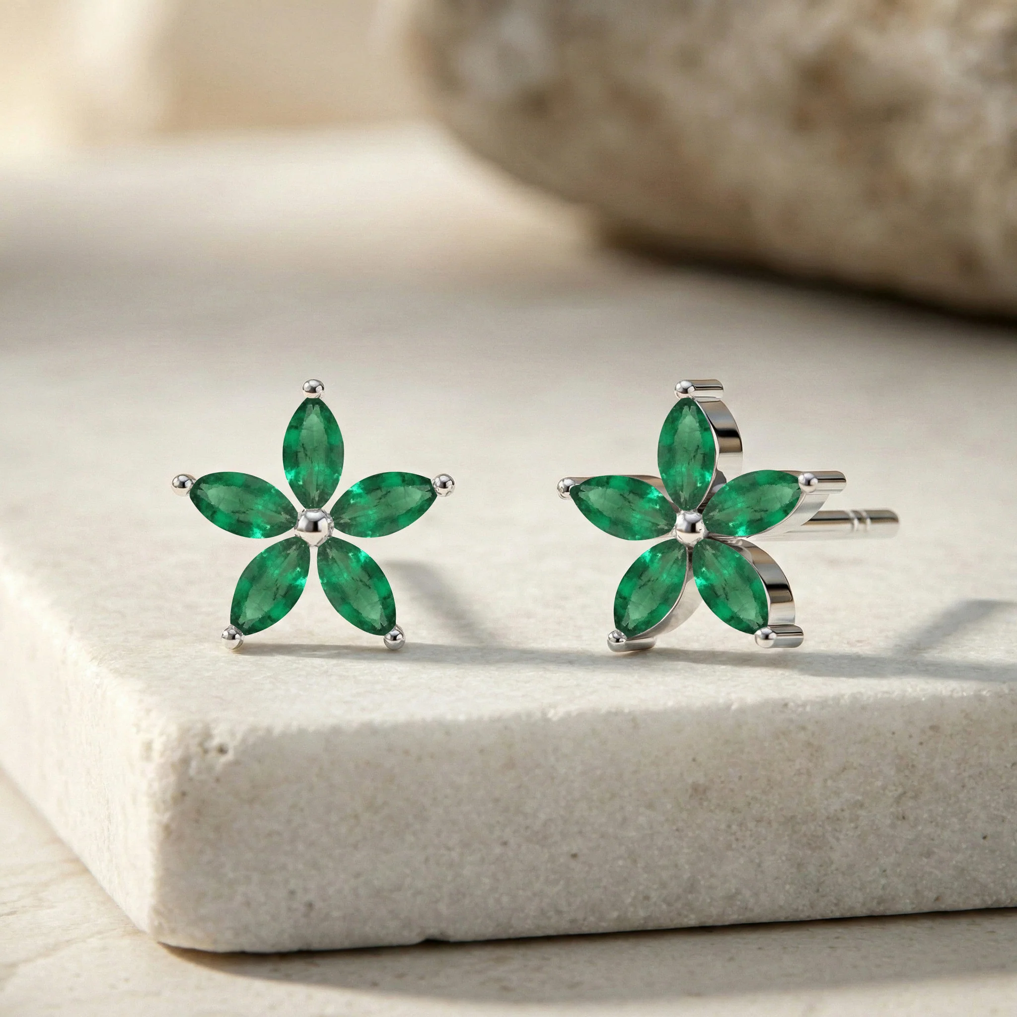 Emerald Flower and Marquis Shape Stud Earring in 925 Sterling Silver 4X2 MM 3ct. - Image 6