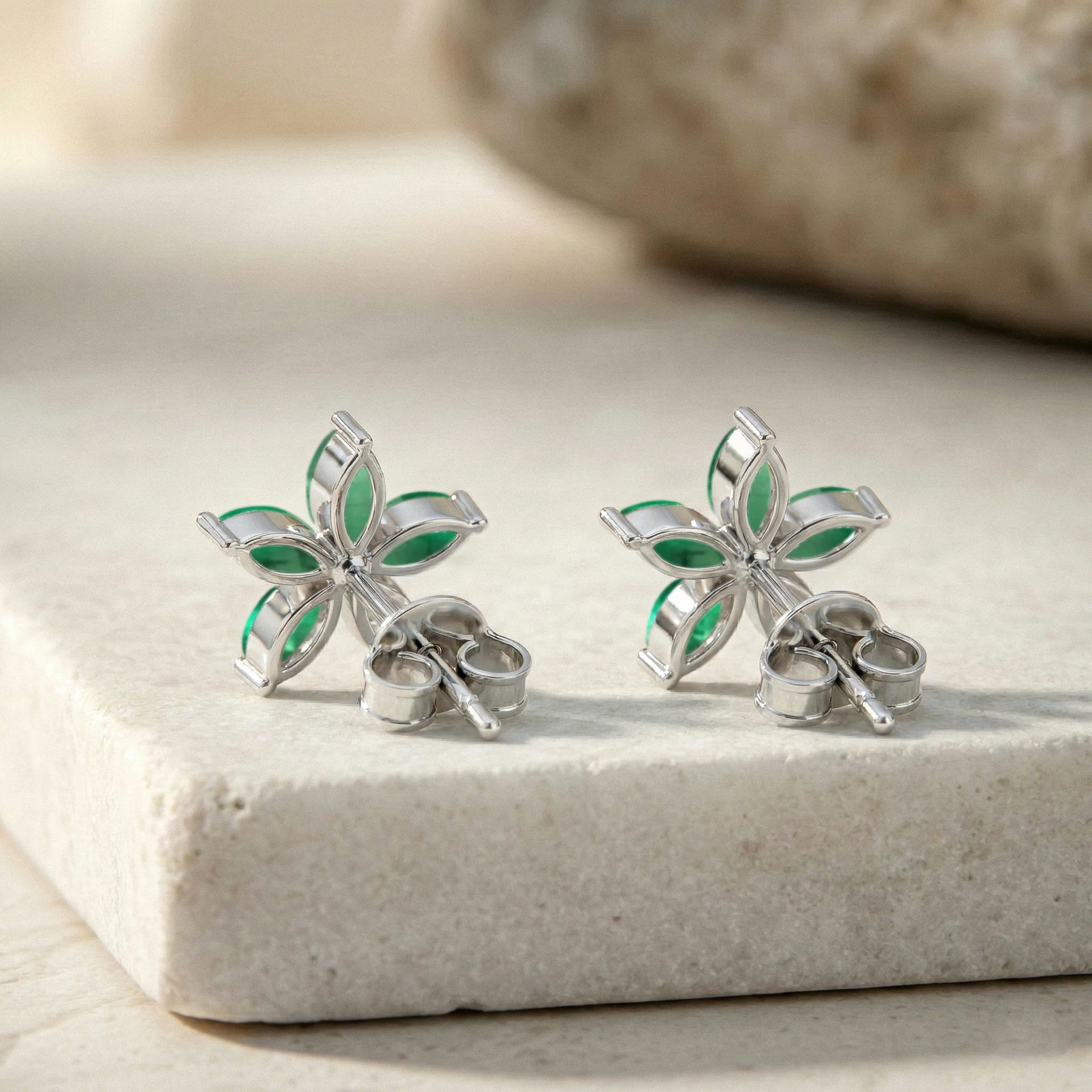Emerald Flower and Marquis Shape Stud Earring in 925 Sterling Silver 4X2 MM 3ct. - Image 7