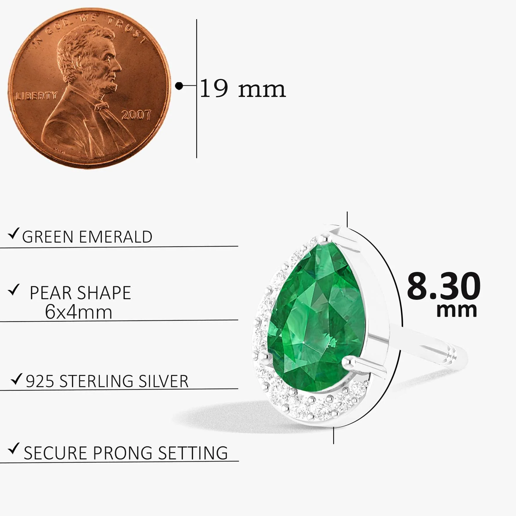 Emerald Gemstone Pear Design Stud Earring - Image 3