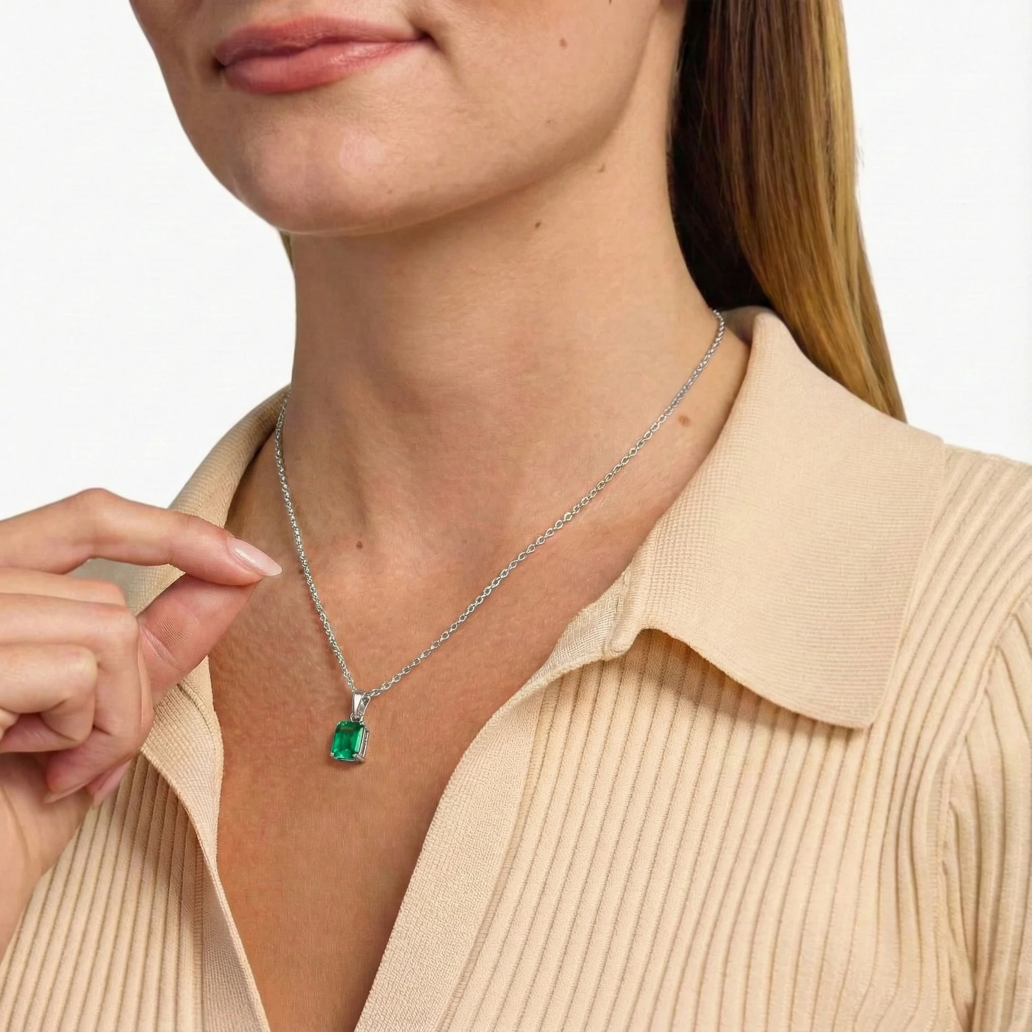 Emerald Octagon Solitaire Pendant Necklace in 925 Sterling Silver 9x7 MM 1.4ct - Image 6