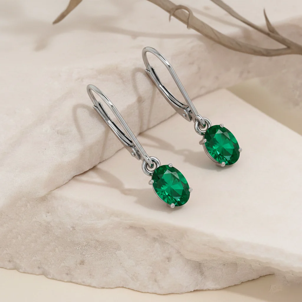 Emerald Oval Dangle Earring in 925 Sterling Silver 8X6 MM 2.4ct - Image 2