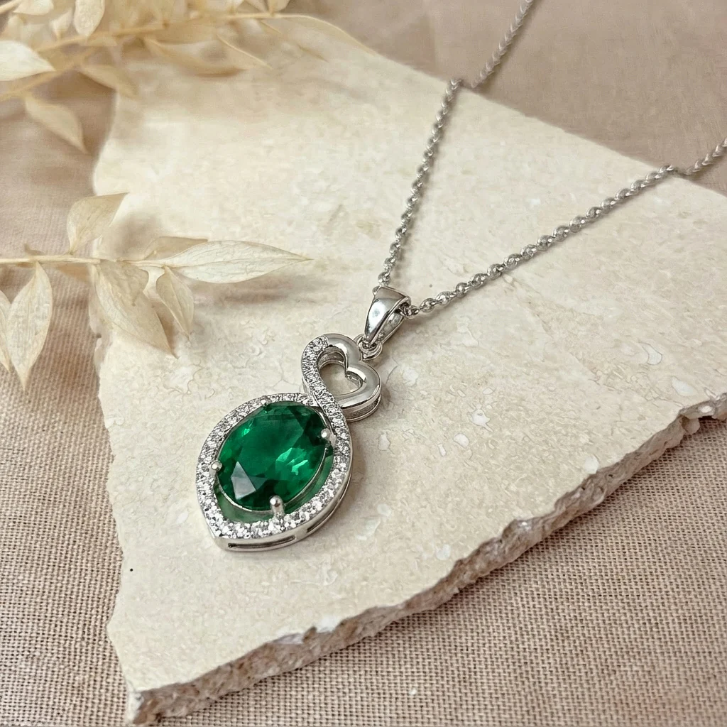 Emerald Oval Infinity Twist Heart Pendant Necklace in 925 Sterling Silver 1.2ct - Image 2