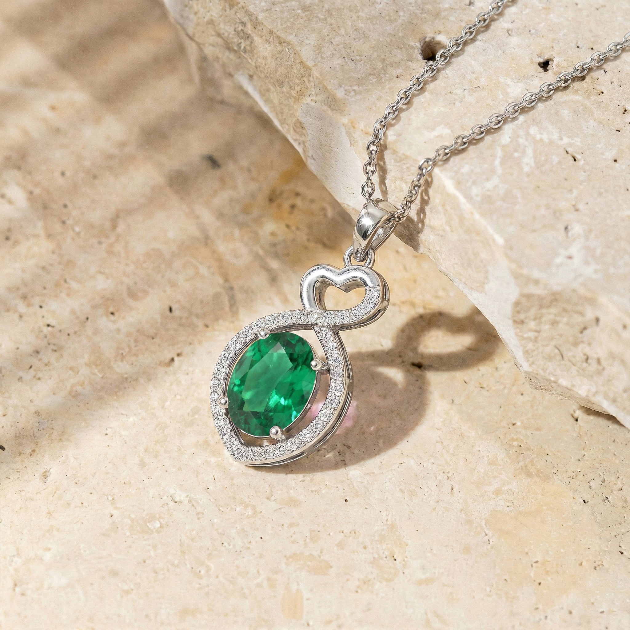 Emerald Oval Infinity Twist Heart Pendant Necklace in 925 Sterling Silver 1.2ct - Image 3