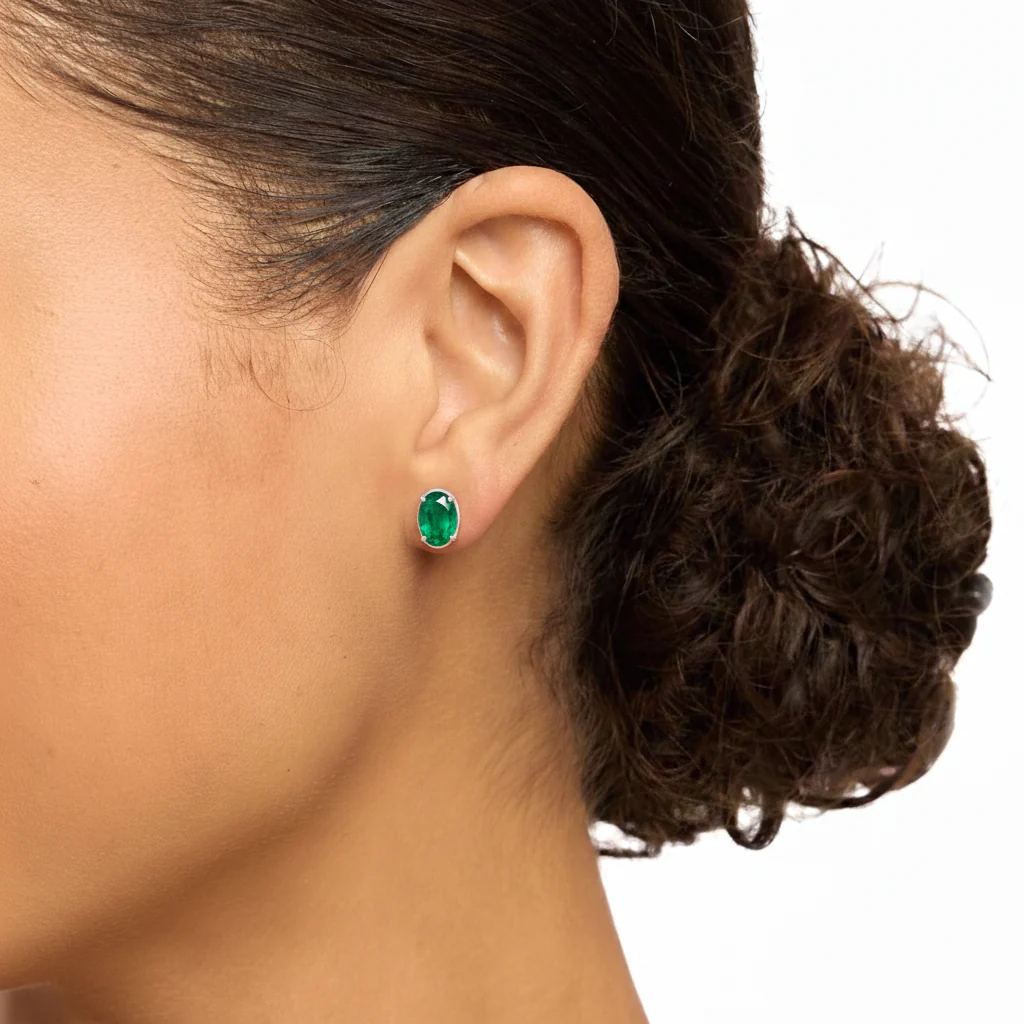 Emerald Oval Solitaire Stud Earrings in  925 Sterling Silver 5.35ct - Image 11
