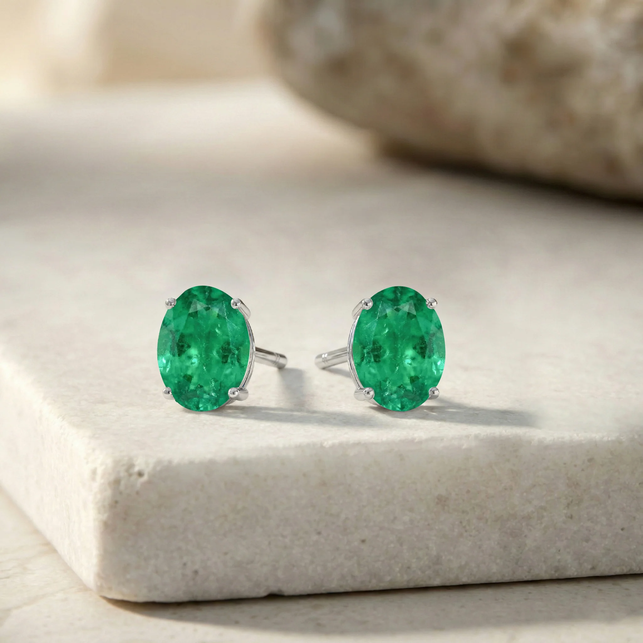 Emerald Oval Solitaire Stud Earrings in  925 Sterling Silver 5.35ct - Image 3