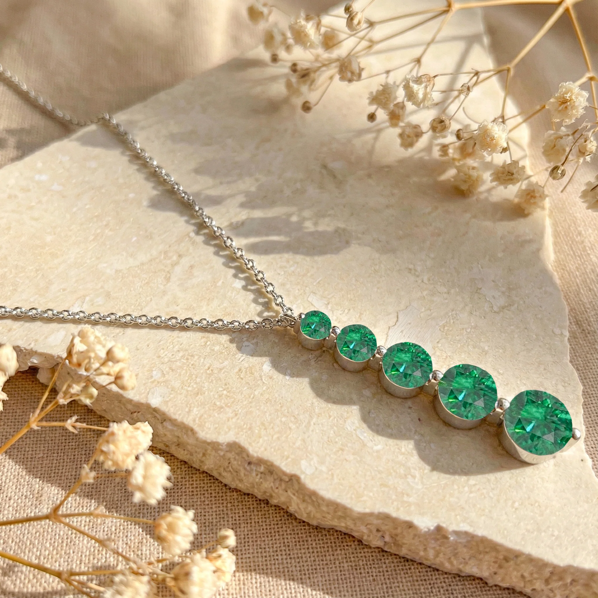 Emerald Round 5 Stone Bar Pendant Necklace in 925 Sterling Silver 3.90ct - Image 2