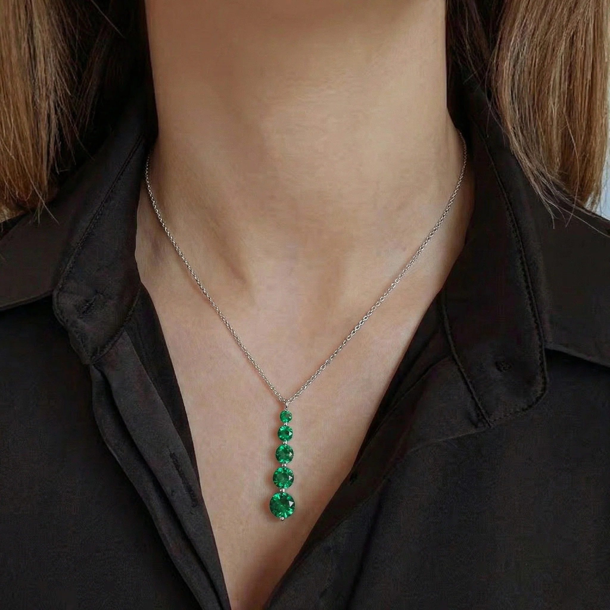 Emerald Round 5 Stone Bar Pendant Necklace in 925 Sterling Silver 3.90ct - Image 5