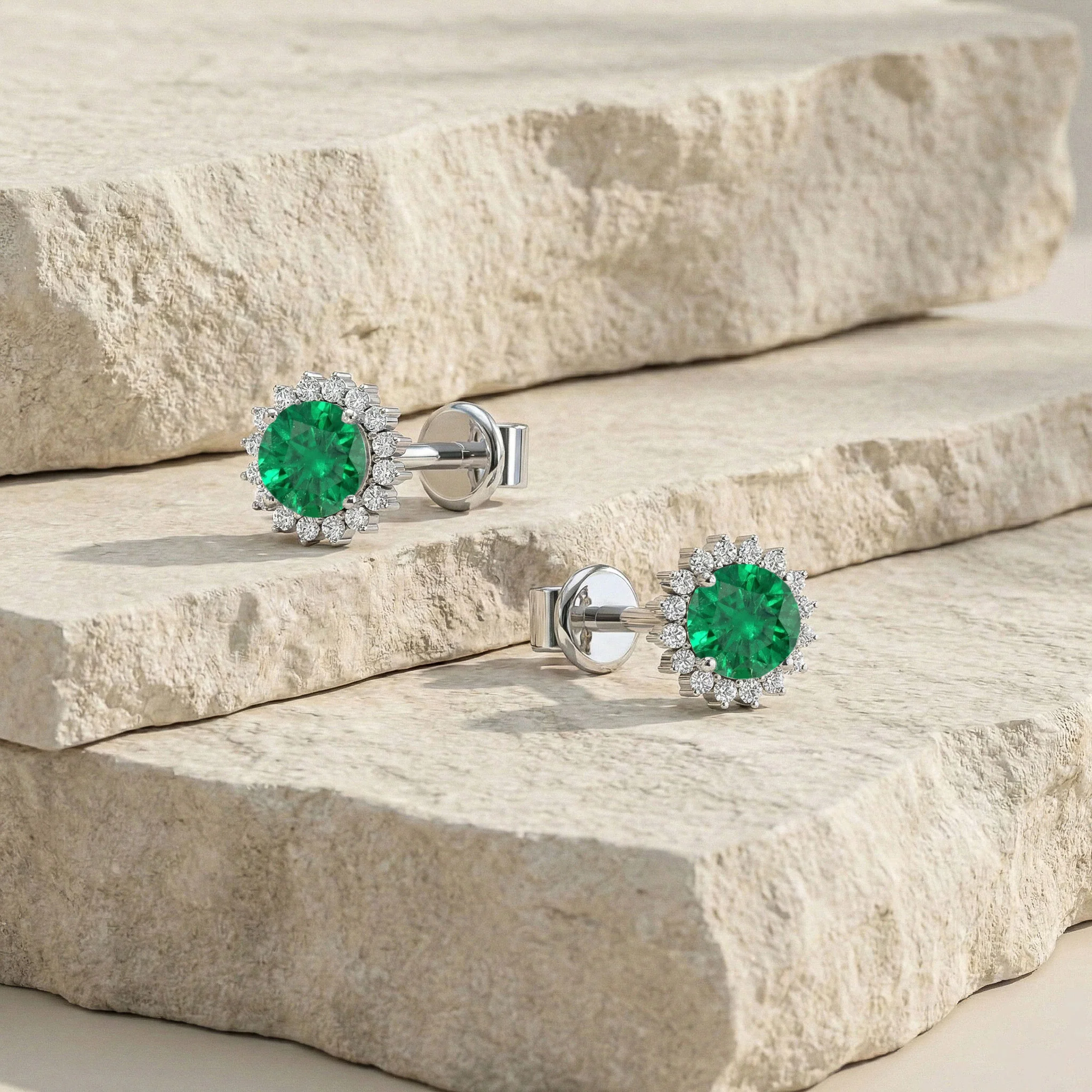 Emerald Round Halo Stud Earrings in 925 Sterling Silver 5 MM 1.3ct - Image 5