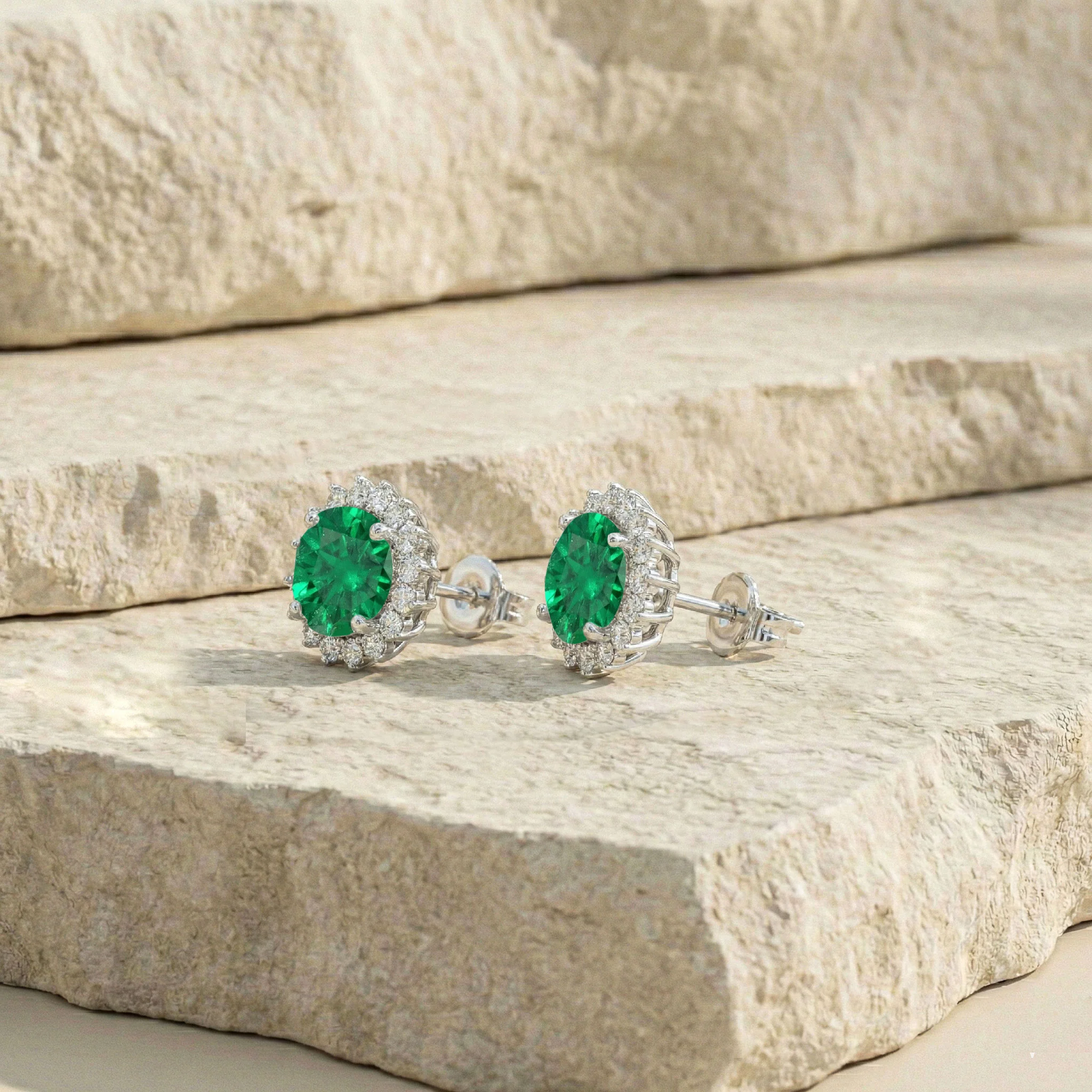 Emerald Round Halo Stud Earrings in 925 Sterling Silver 5 MM 1.3ct - Image 7
