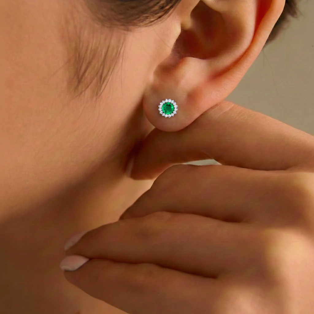 Emerald Round Halo Stud Earrings in 925 Sterling Silver 5 MM 1.3ct - Image 8