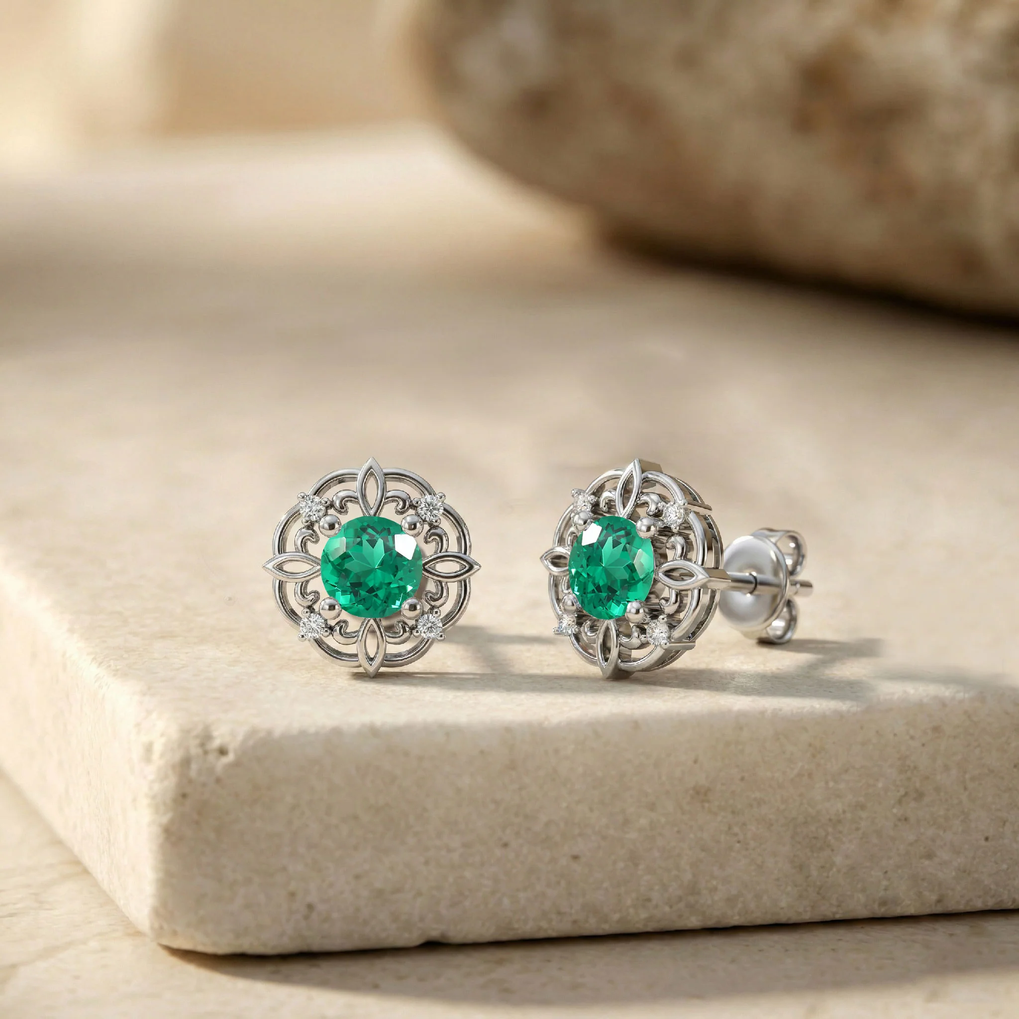 Emerald Round Halo Stud Earrings in 925 Sterling Silver 5MM 1.30ct - Image 2