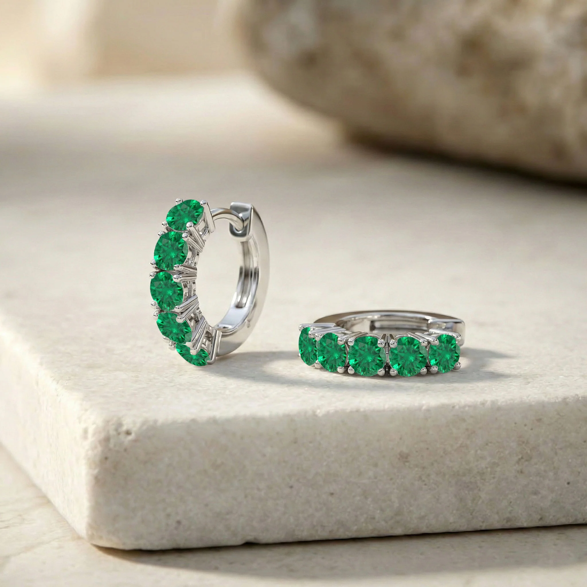 Emerald Round Hoop Earrings in 925 Sterling Silver 3MM 3ct - Image 3