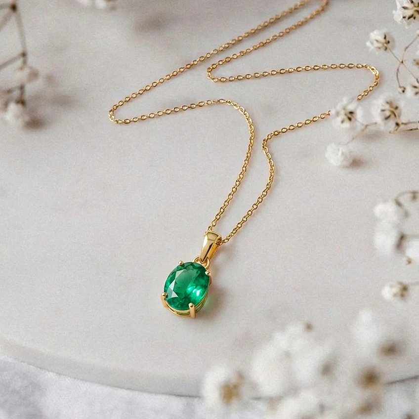Emerald Solitaire Pendant Necklace in 925 Sterling Silver 9x7 MM 1.4ct - Image 11