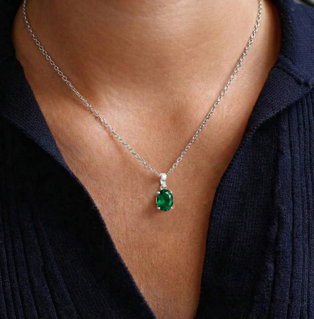 Emerald Solitaire Pendant Necklace in 925 Sterling Silver 9x7 MM 1.4ct - Image 14