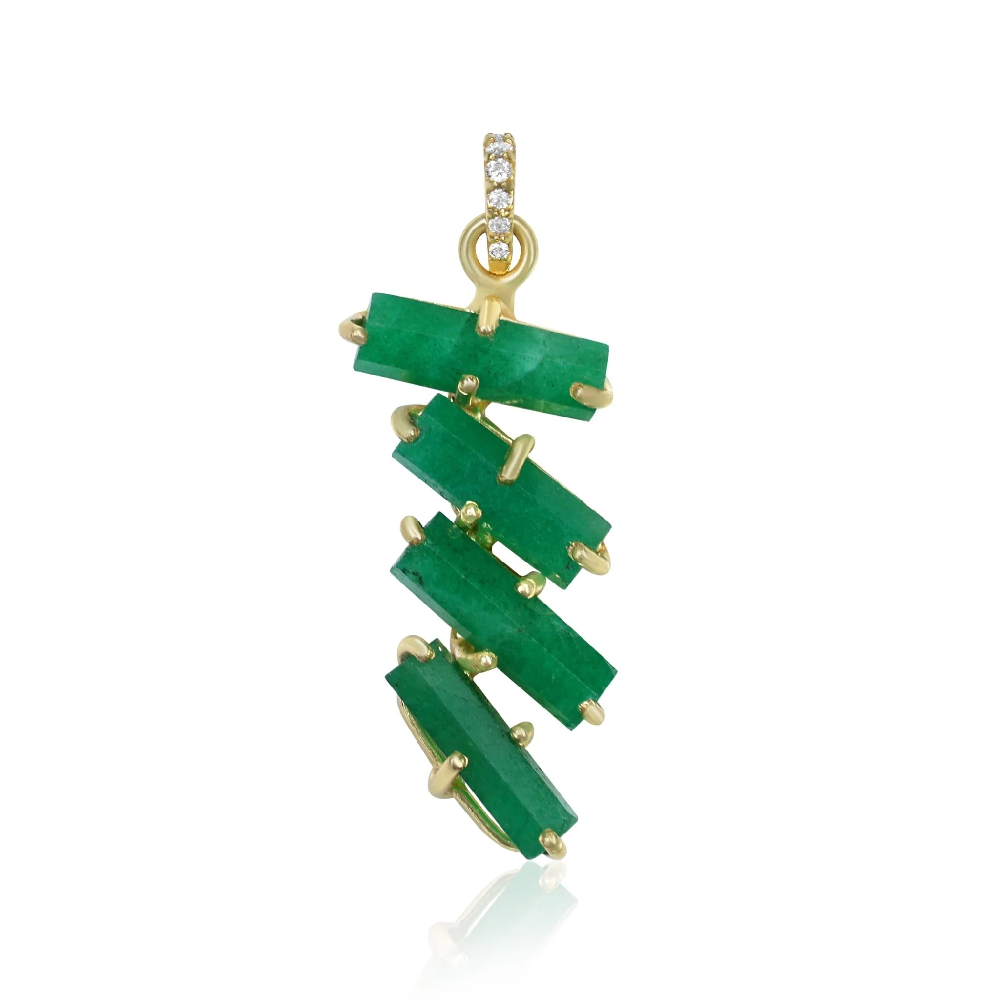 Faceted Four Emerald Hexagon Shape Pencil Pendant With White Zircon Chain Necklace