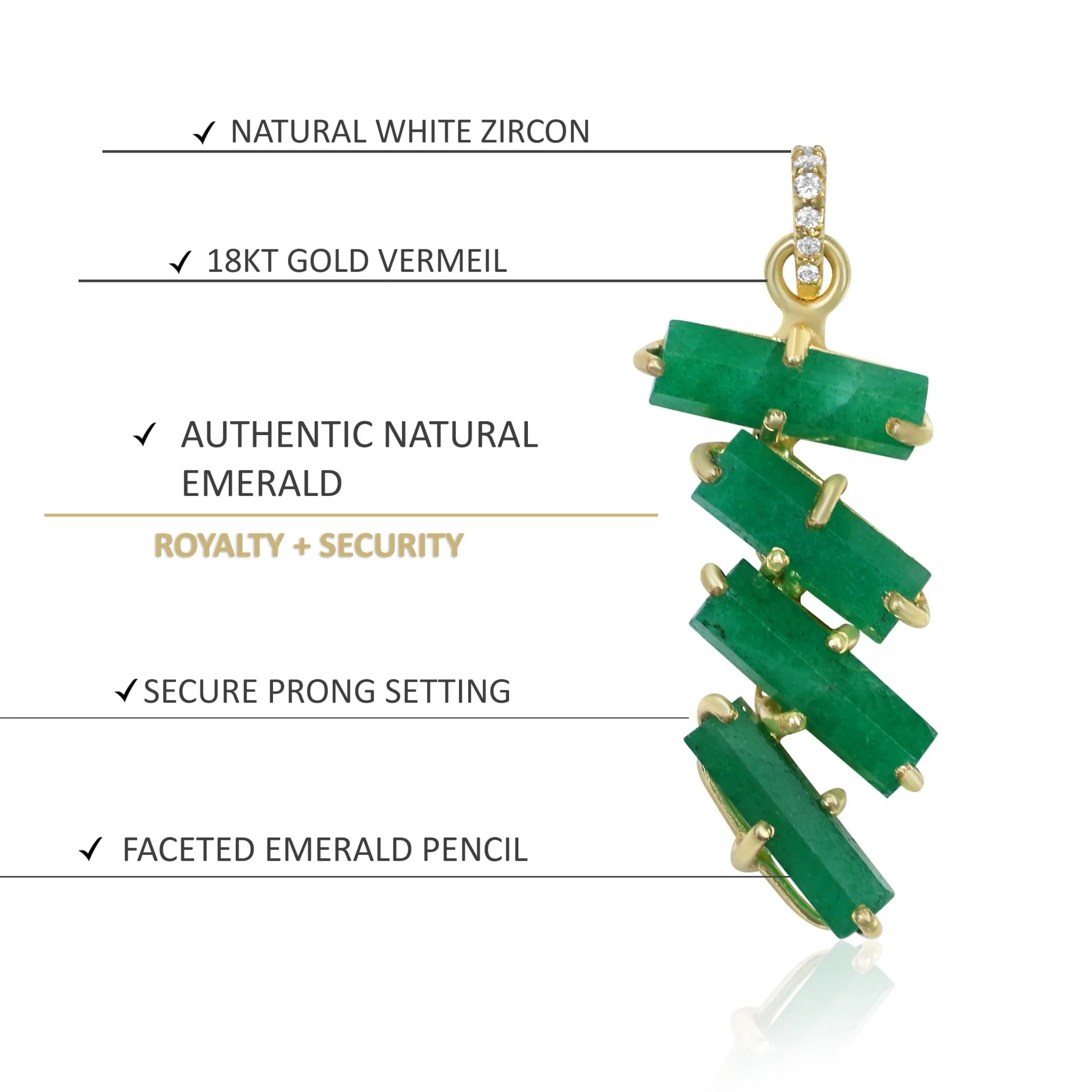Faceted Four Emerald Hexagon Shape Pencil Pendant With White Zircon Chain Necklace - Image 2