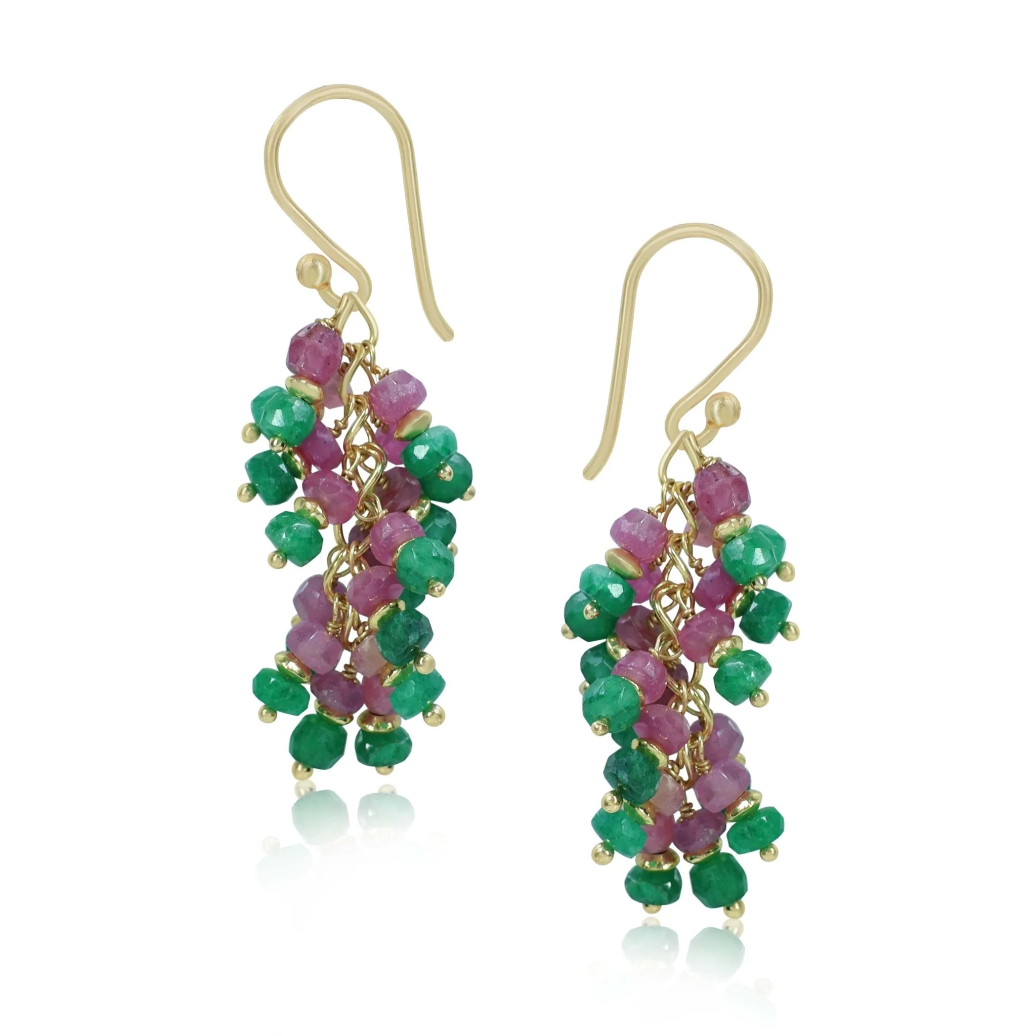 Faceted Natural Emerald Ruby French Hook Beaded Cluster Earrings
