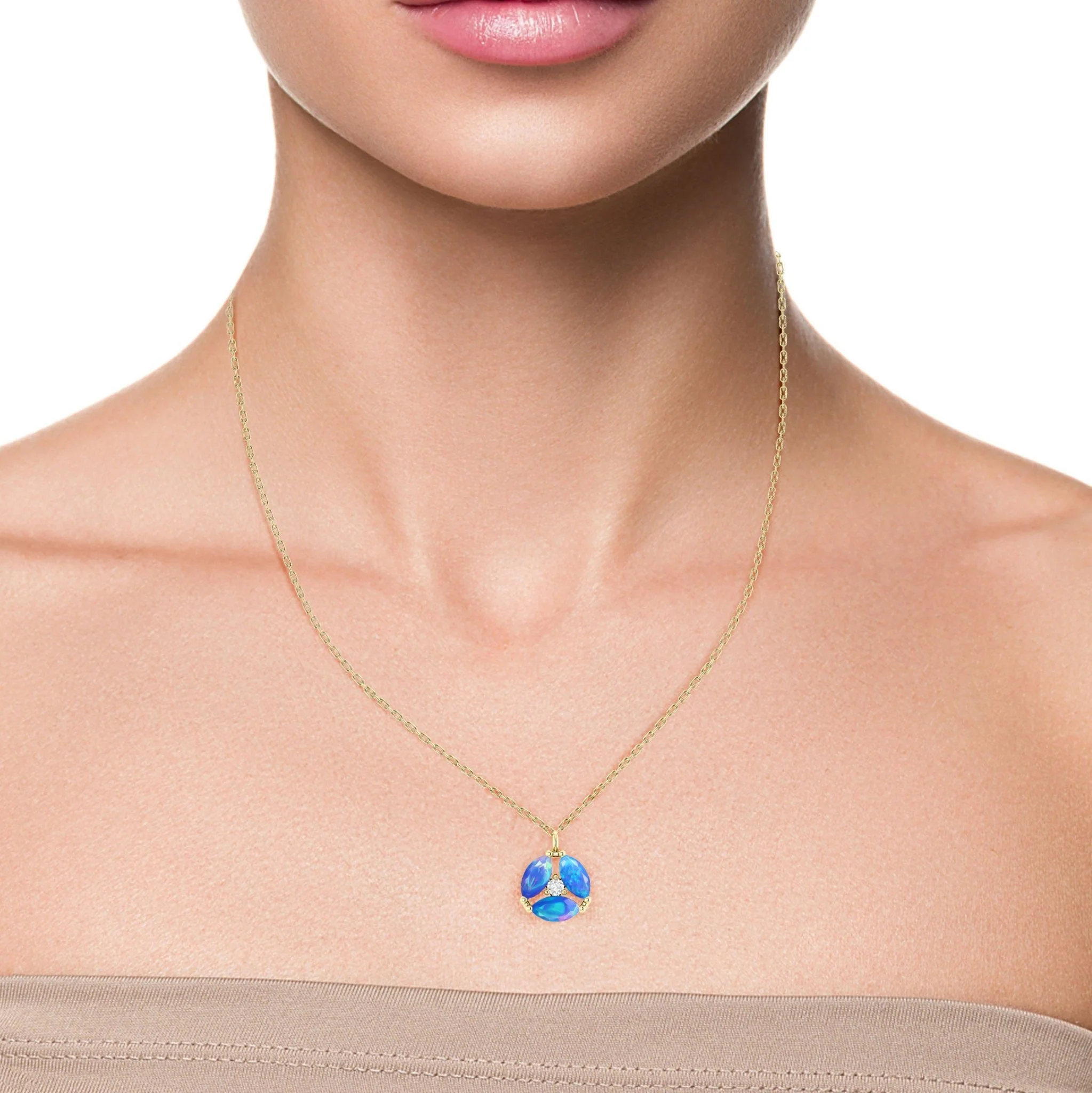 Fire Blue Opal Three Stone Round Pendant - Image 3