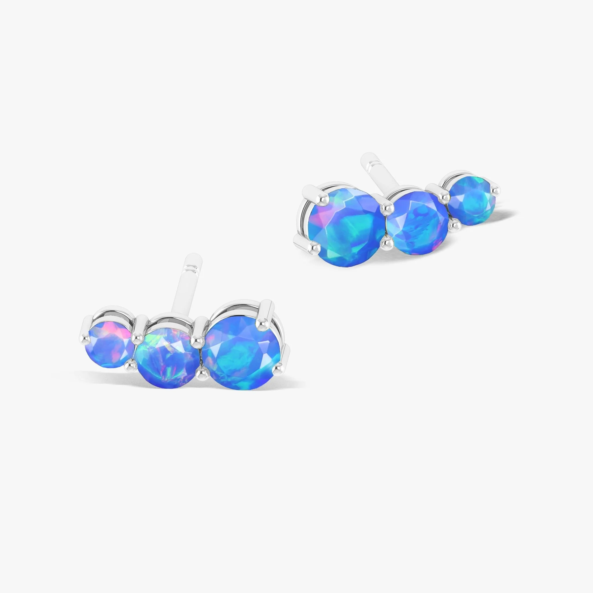 Fire Blue Opal Three Stone Stud Earrings - Image 2