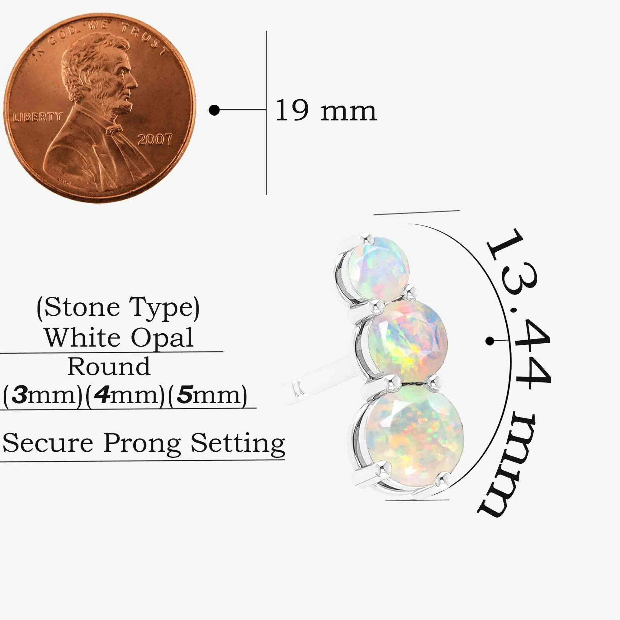 Fire White Opal Three Stone Stud Earrings - Image 3