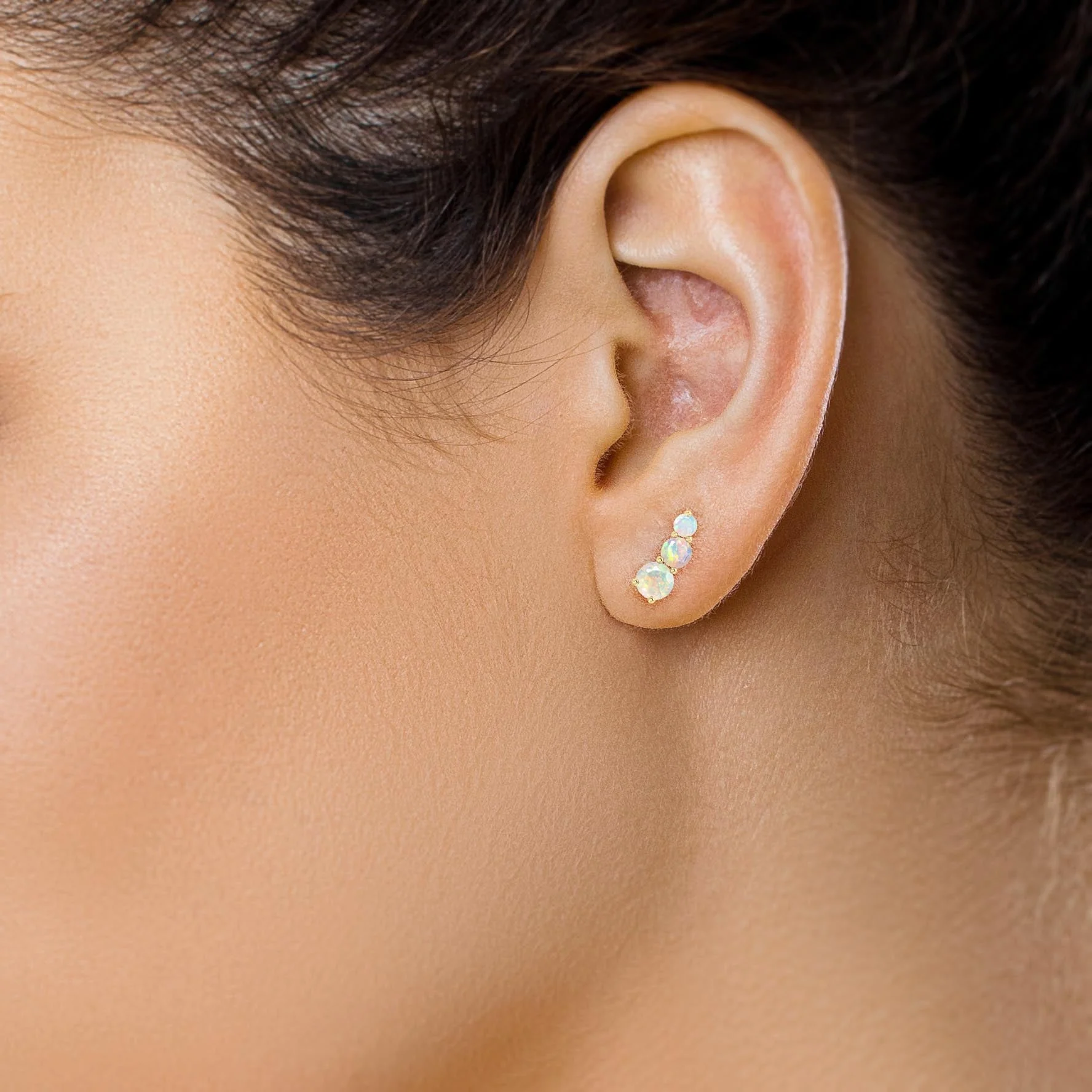 Fire White Opal Three Stone Stud Earrings - Image 4