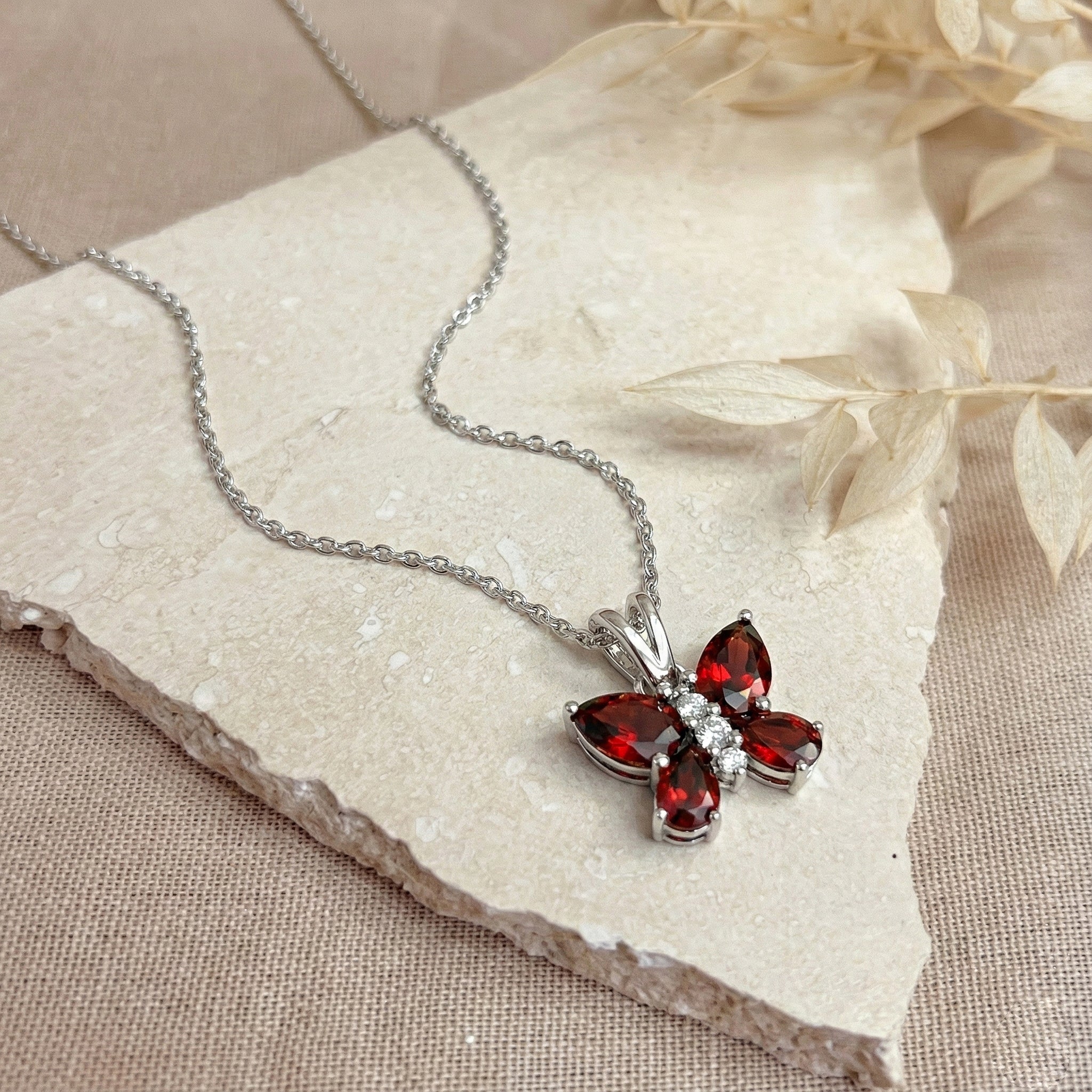 Garnet Pear Butterfly Pendant Necklace in 925 Sterling Silver 2ct - Image 3