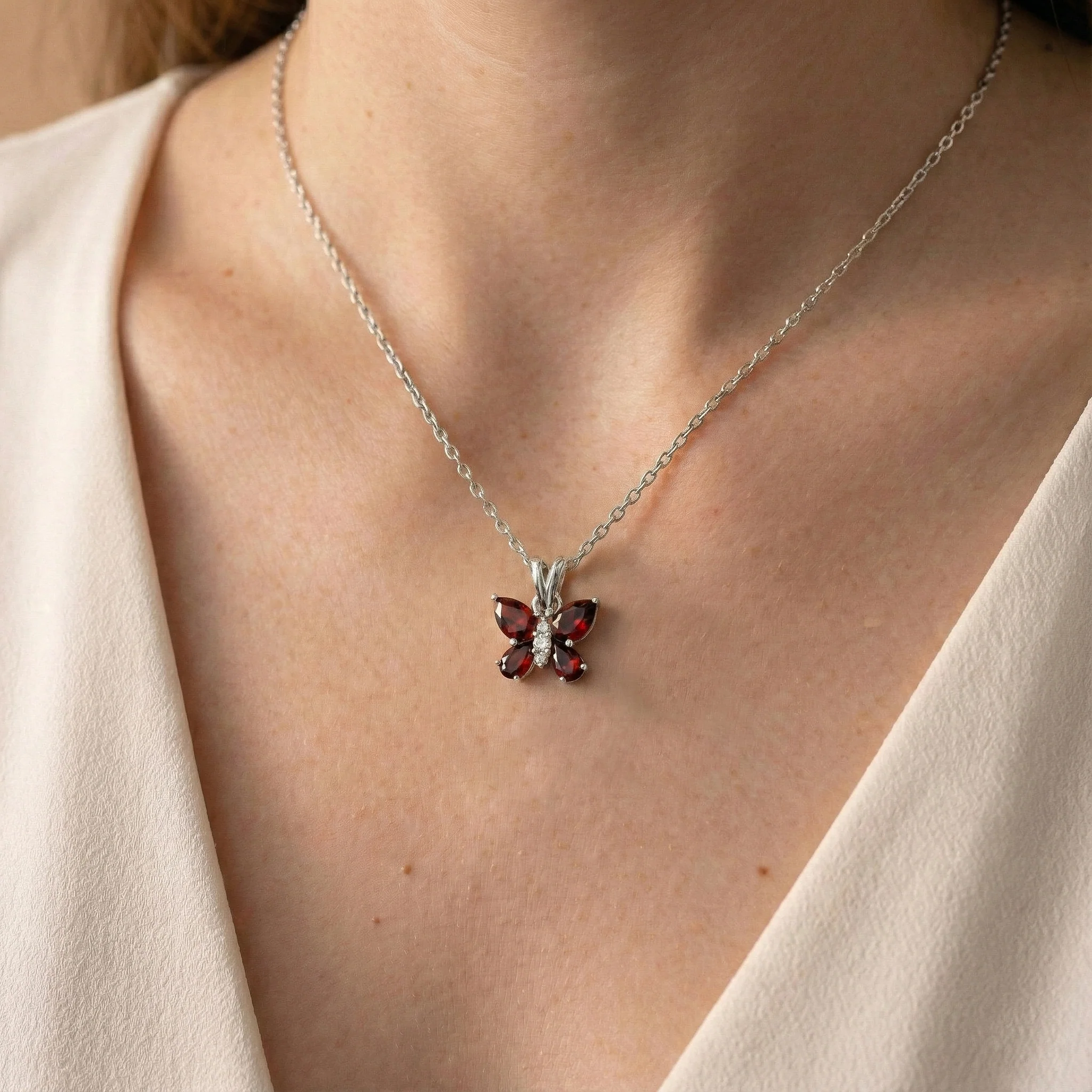 Garnet Pear Butterfly Pendant Necklace in 925 Sterling Silver 2ct - Image 6
