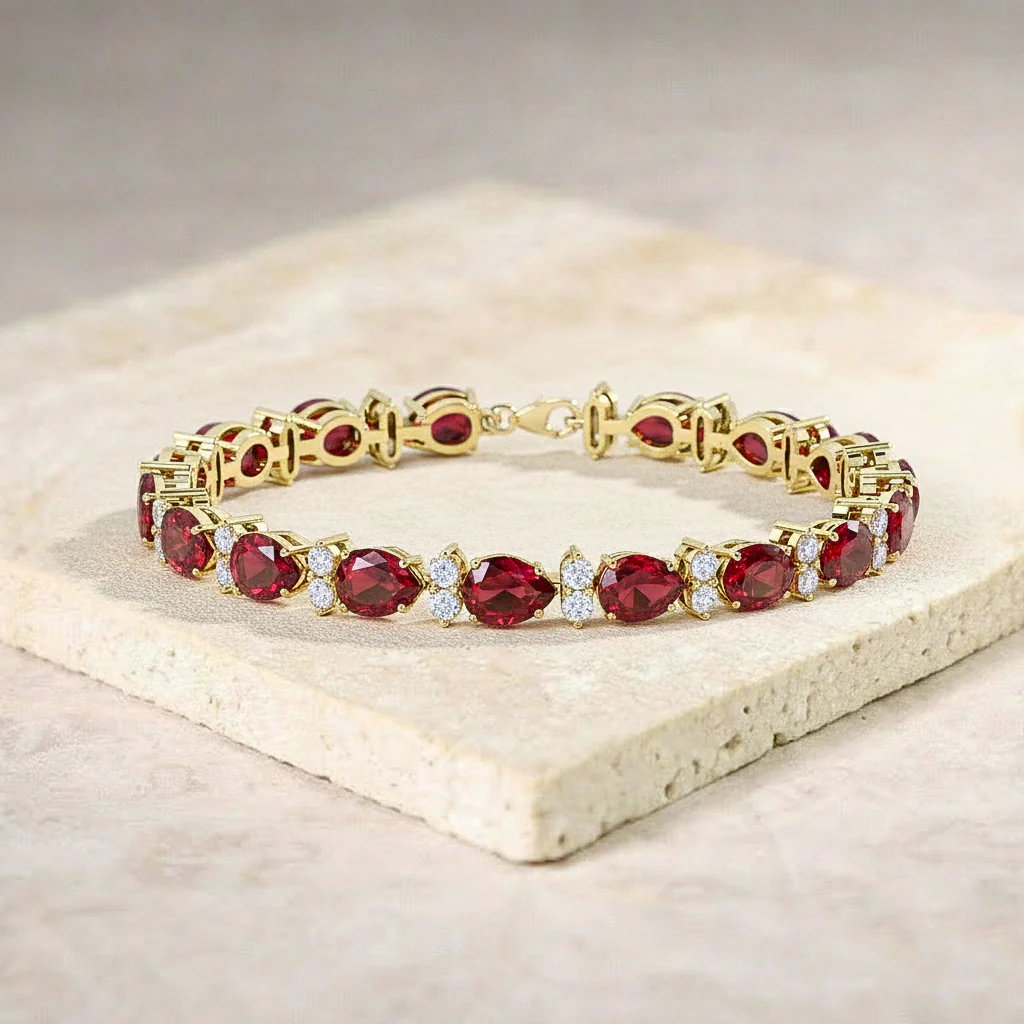 Garnet Pear & Round Bracelet 7x5 MM & 2.5 MM 18.9 Ct Deep Red Beauty - Image 3