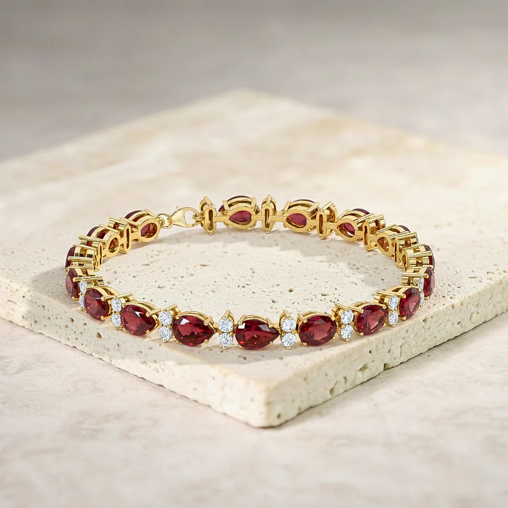 Garnet Pear & Round Bracelet 7x5 MM & 2.5 MM 18.9 Ct Deep Red Beauty - Image 4