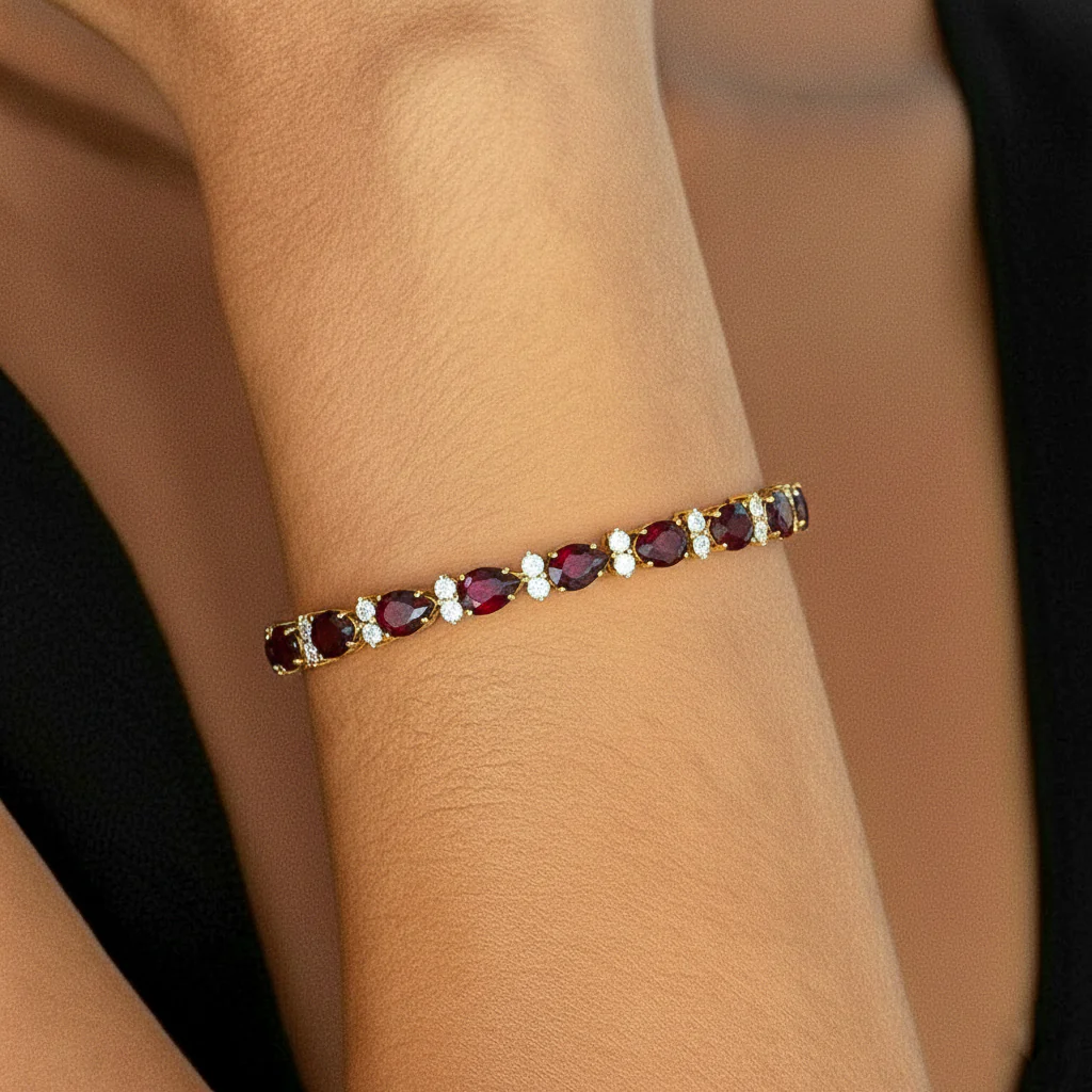 Garnet Pear & Round Bracelet 7x5 MM & 2.5 MM 18.9 Ct Deep Red Beauty - Image 5