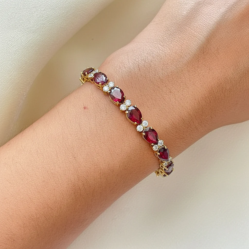 Garnet Pear & Round Bracelet 7x5 MM & 2.5 MM 18.9 Ct Deep Red Beauty - Image 6