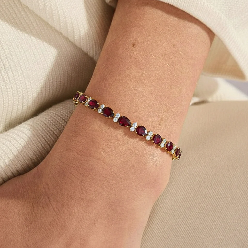 Garnet Pear & Round Bracelet 7x5 MM & 2.5 MM 18.9 Ct Deep Red Beauty - Image 8