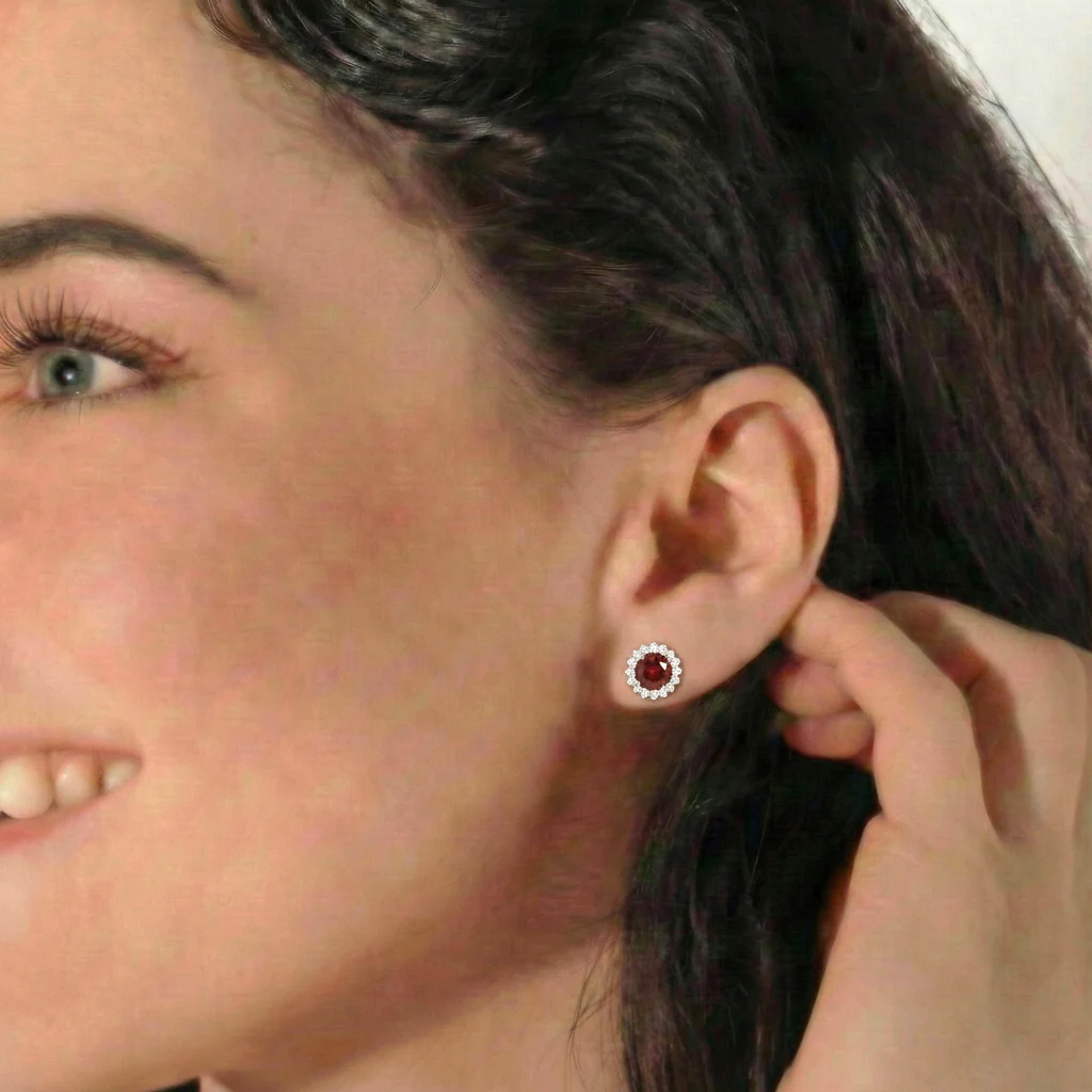 Garnet Round Halo Stud Earrings in 925 Sterling Silver 5 MM 1.3ct - Image 3