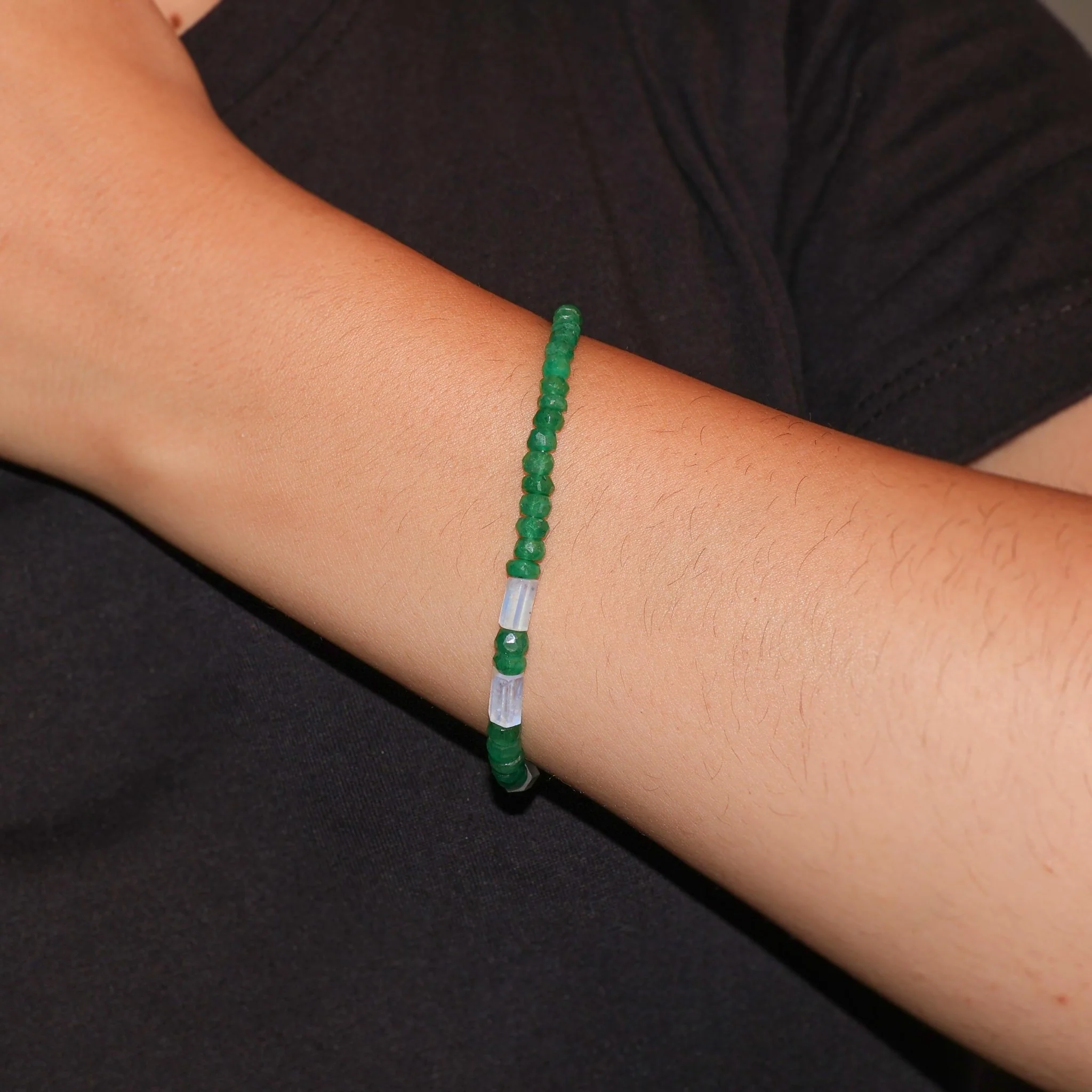 Green Emerald Beaded Bracelet with Crystals Rainbow Moonstone - Image 5