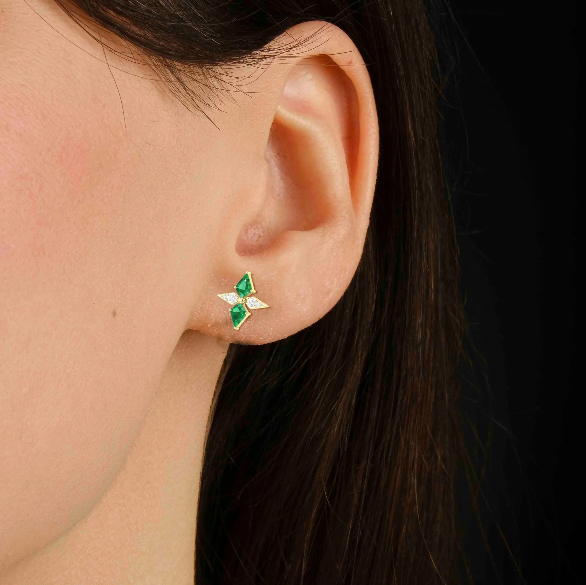 Green Emerald Dual Kite Gemstone Floral Stud Earrings - Image 4