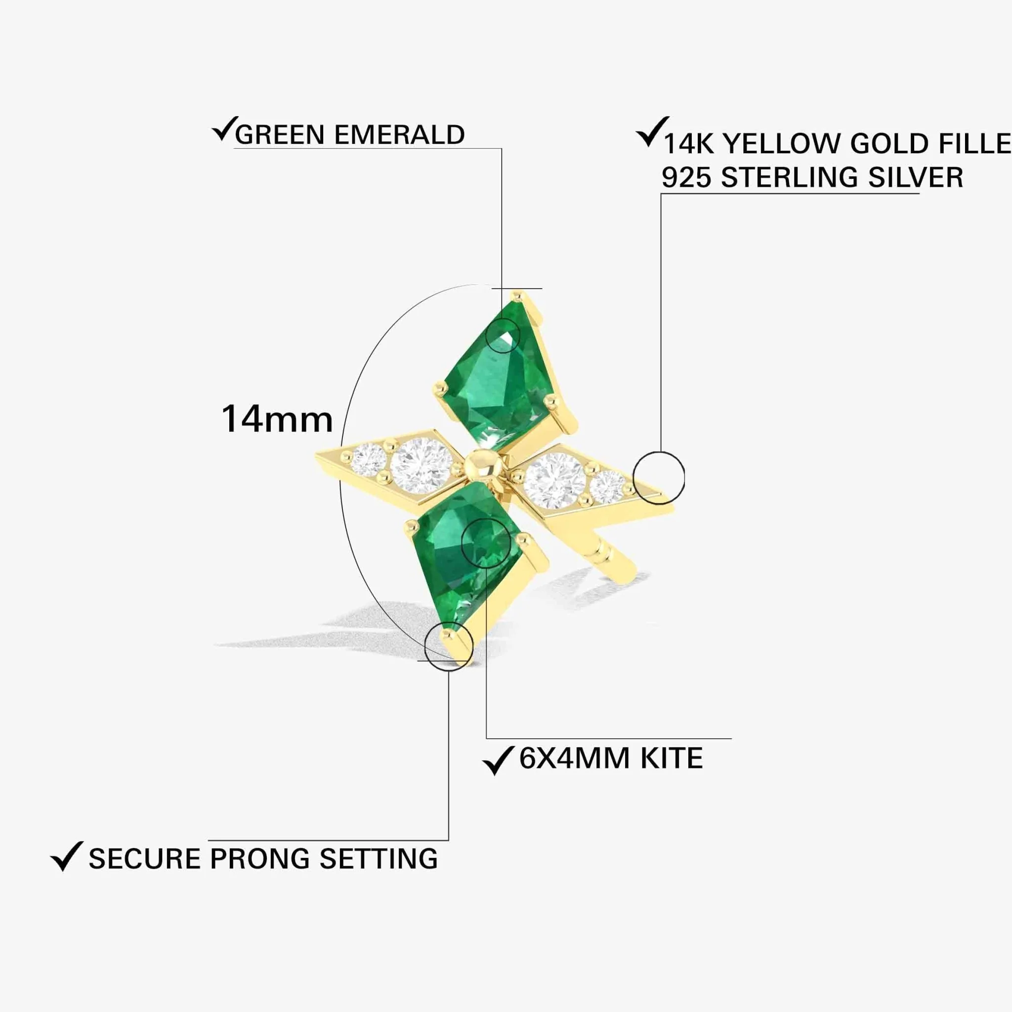 Green Emerald Dual Kite Gemstone Floral Stud Earrings - Image 5